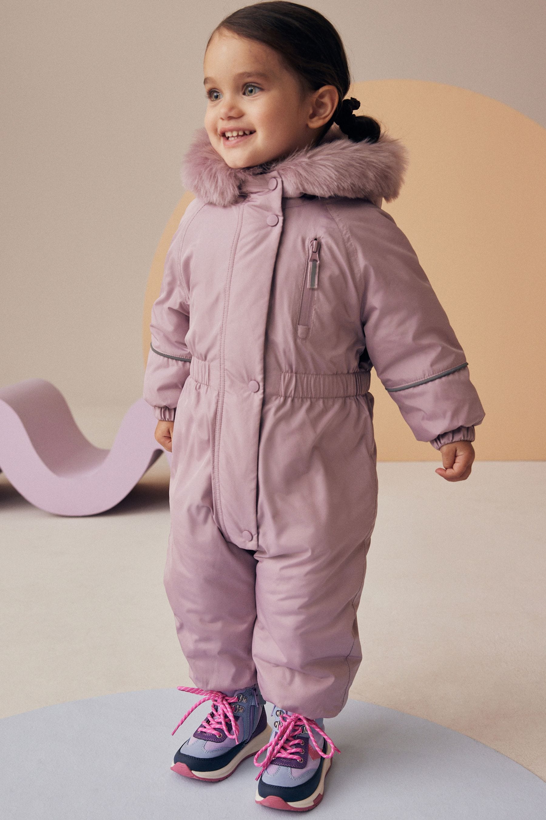 Girls Next Pink Shower Resistant Faux Fur Trim Snowsuit 3mths 7yrs