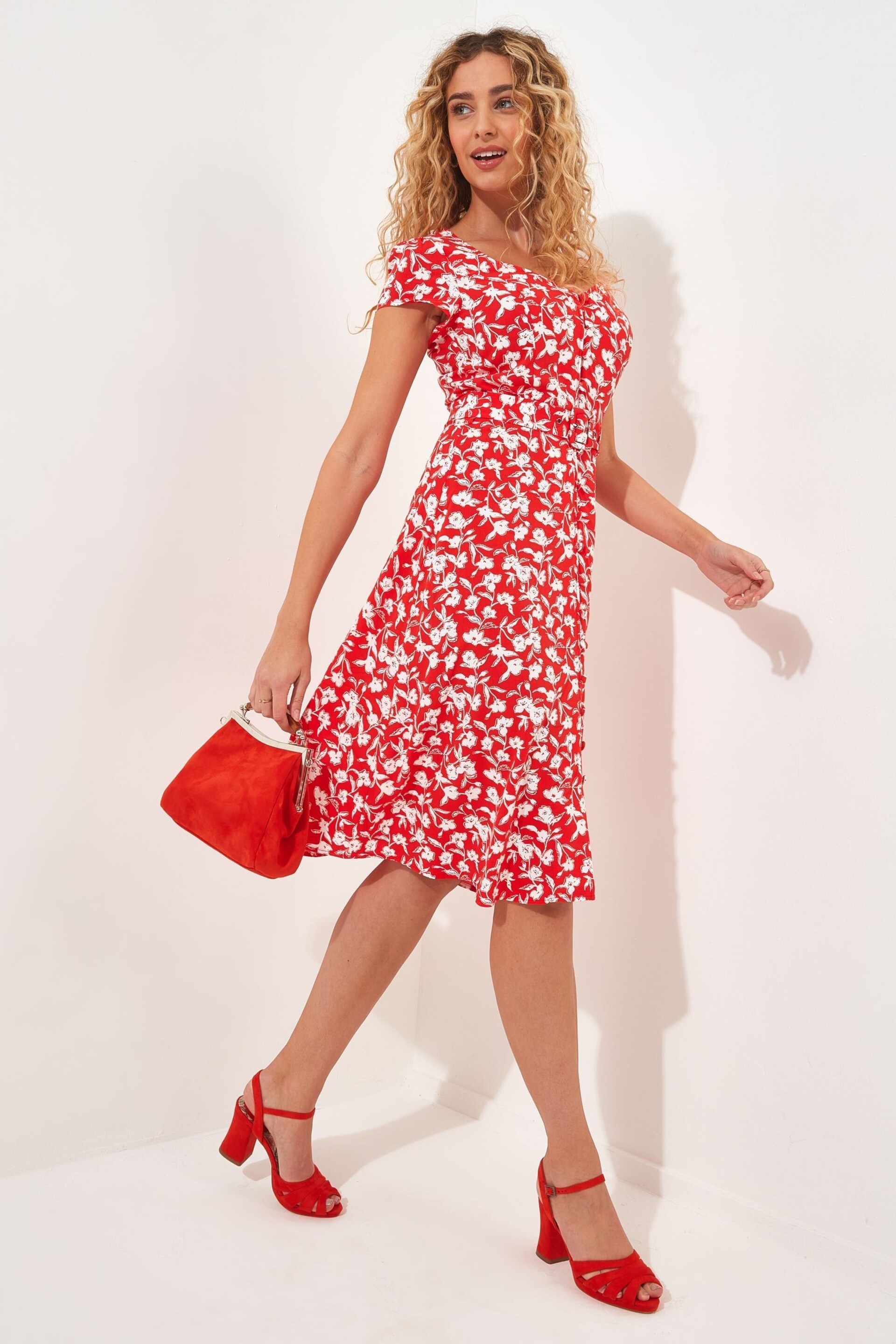 Joe Browns Red Floral Belted Crinkle Dress - Image 3 of 5