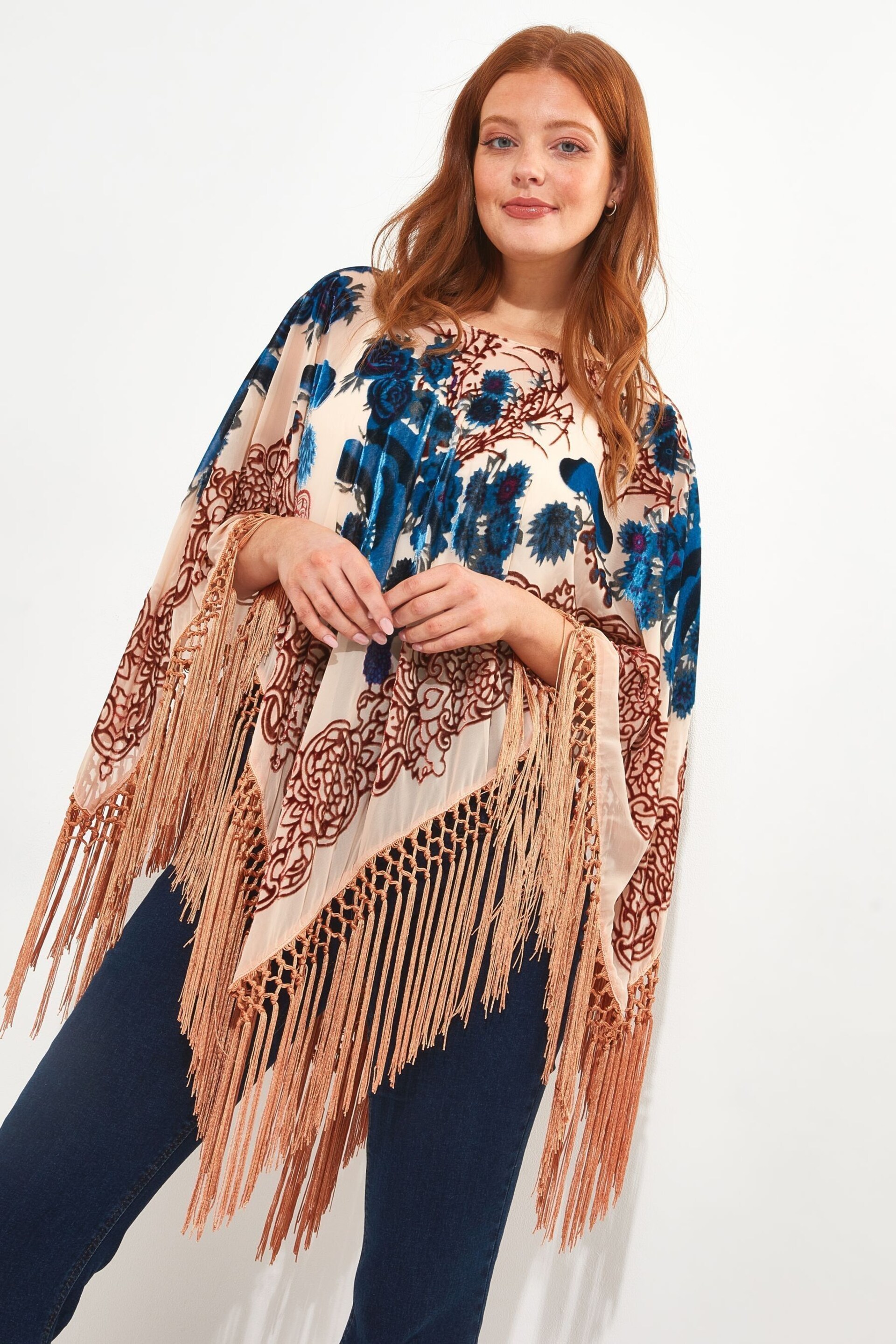 Joe Browns Metallic Bronze Tasselled Devore Poncho - Image 1 of 5