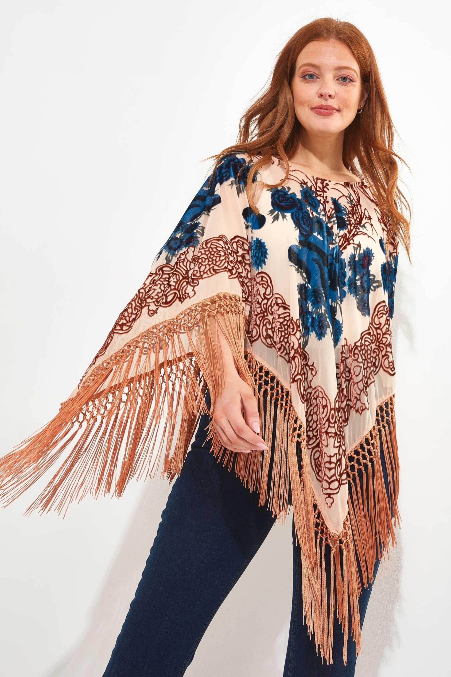 Joe Browns Metallic Bronze Tasselled Devore Poncho - Image 2 of 5