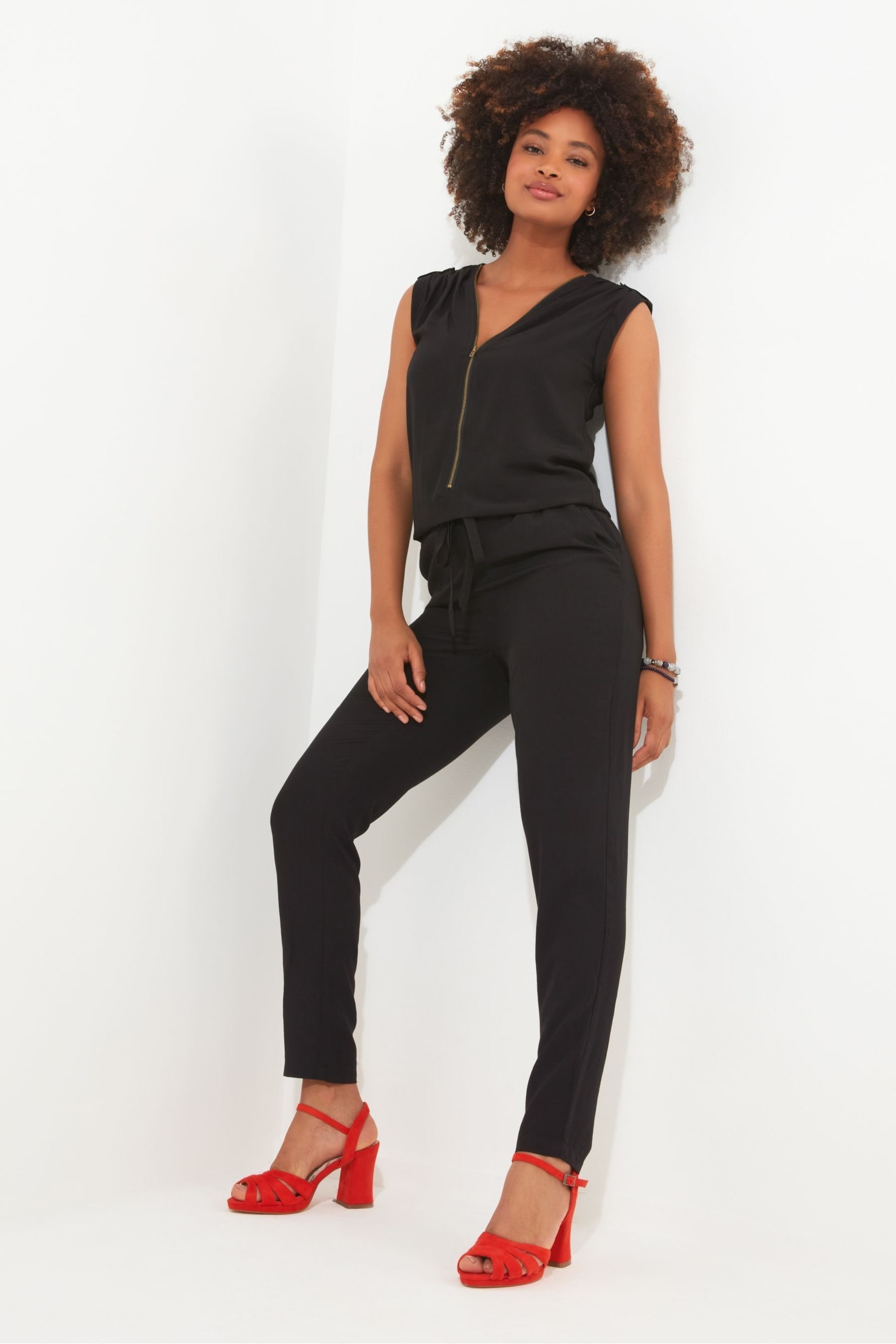 Joe Browns Black Petite Relaxed Fit Zip Front Jumpsuit - Image 1 of 4