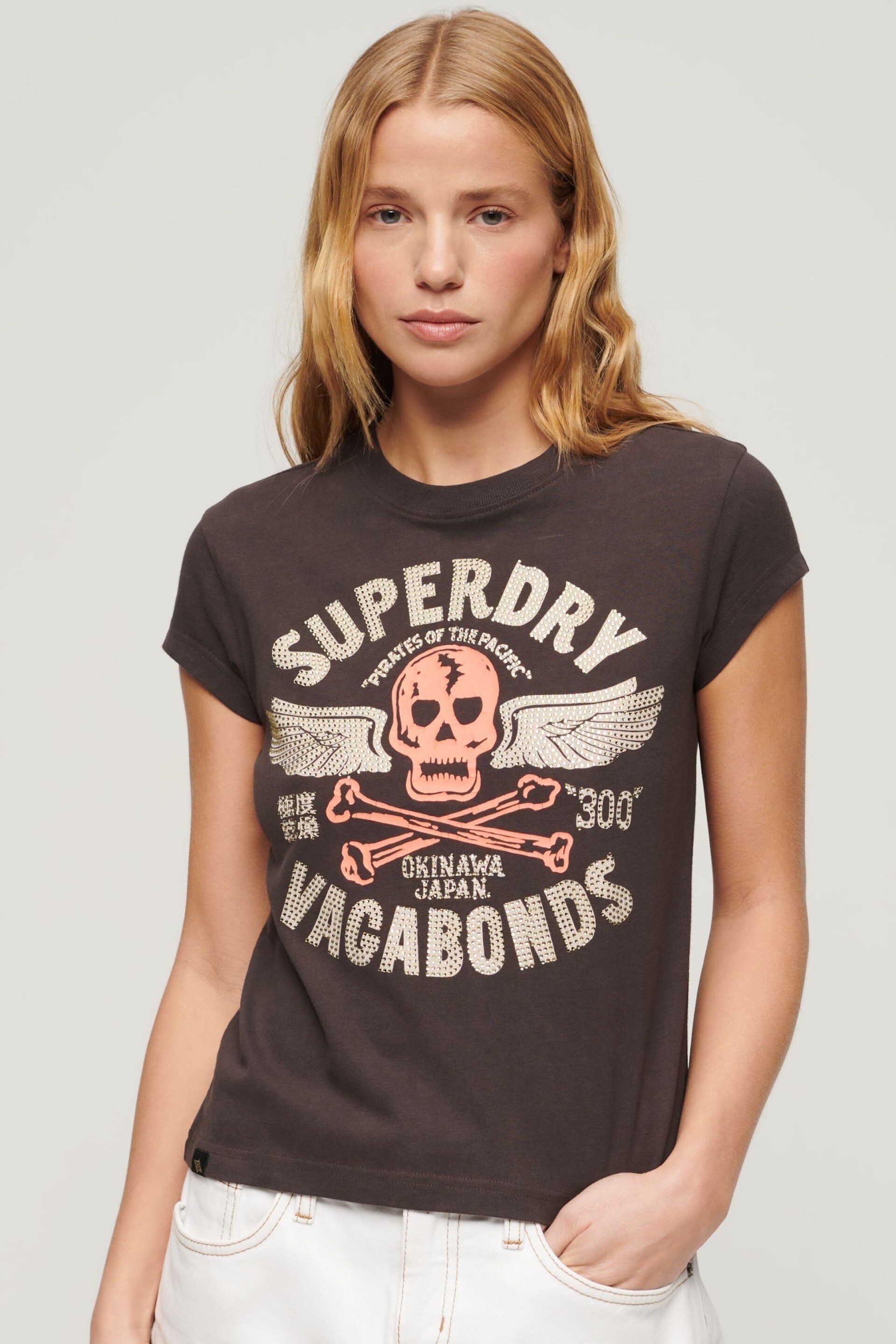 Superdry Brown Embellished Poster Cap Sleeve T-Shirt - Image 1 of 6