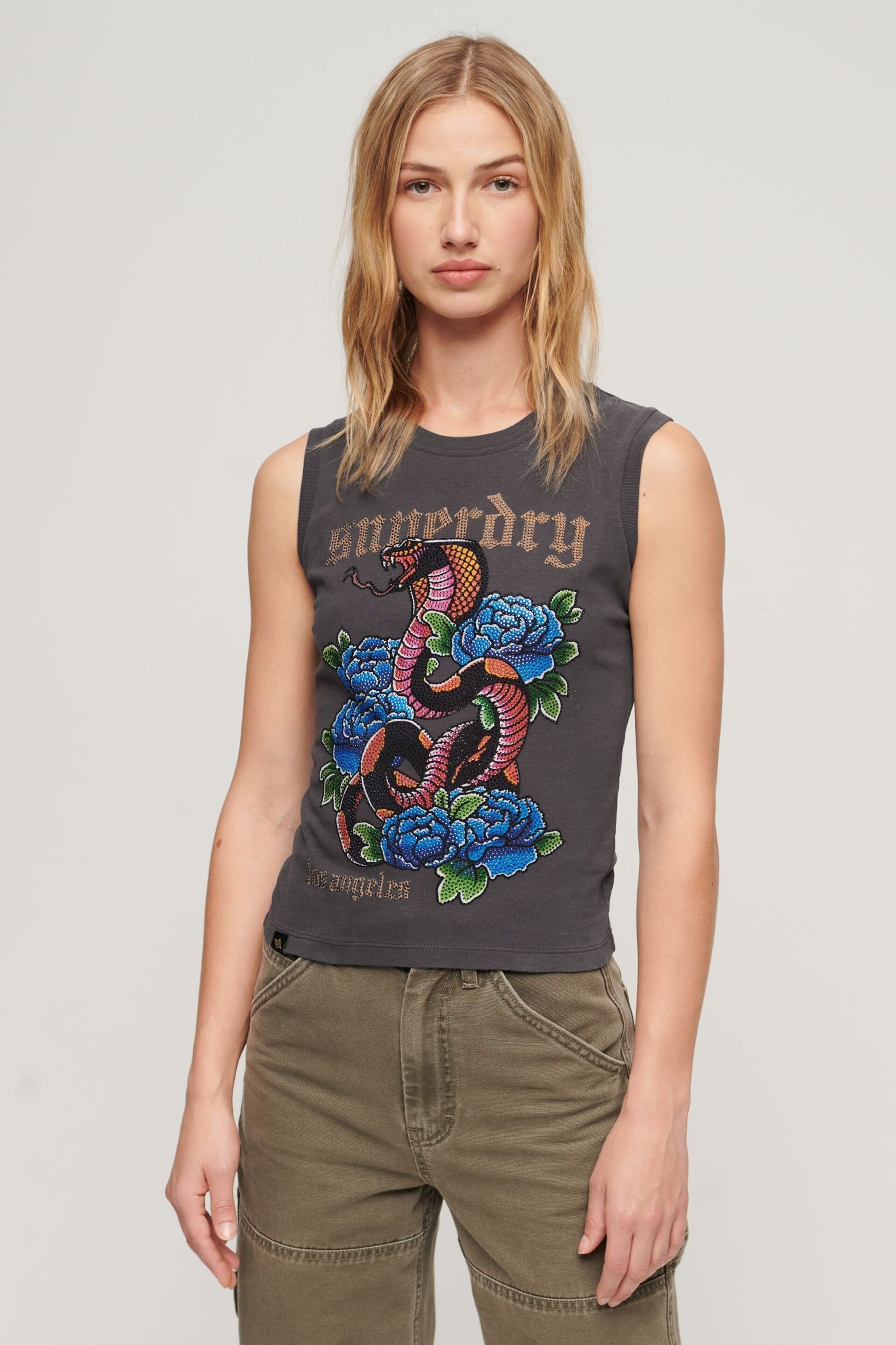 Superdry Grey Tattoo Rhinestone Vest - Image 1 of 3