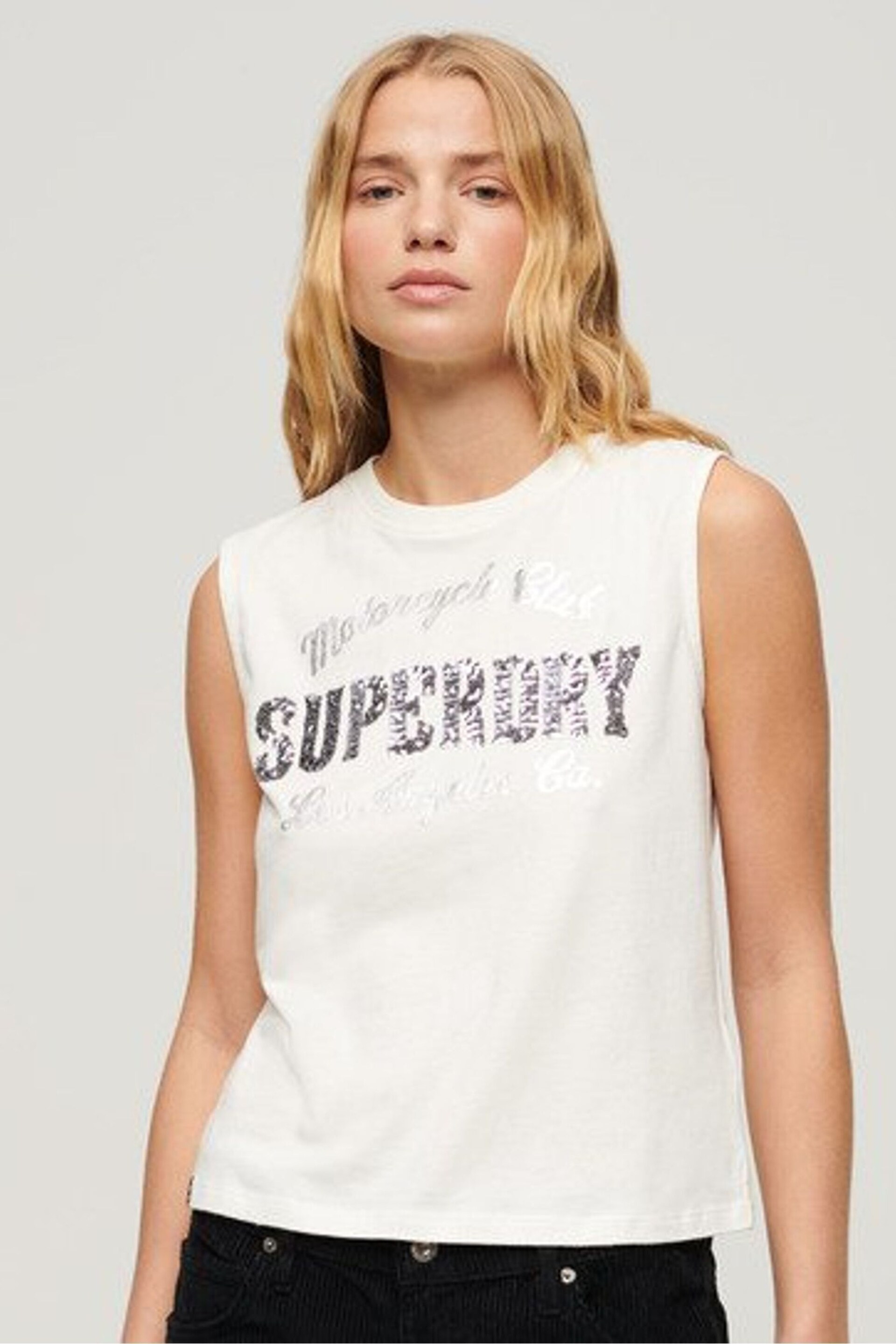 Superdry Cream Embellished Archive Fitted Tank Top - Image 1 of 5