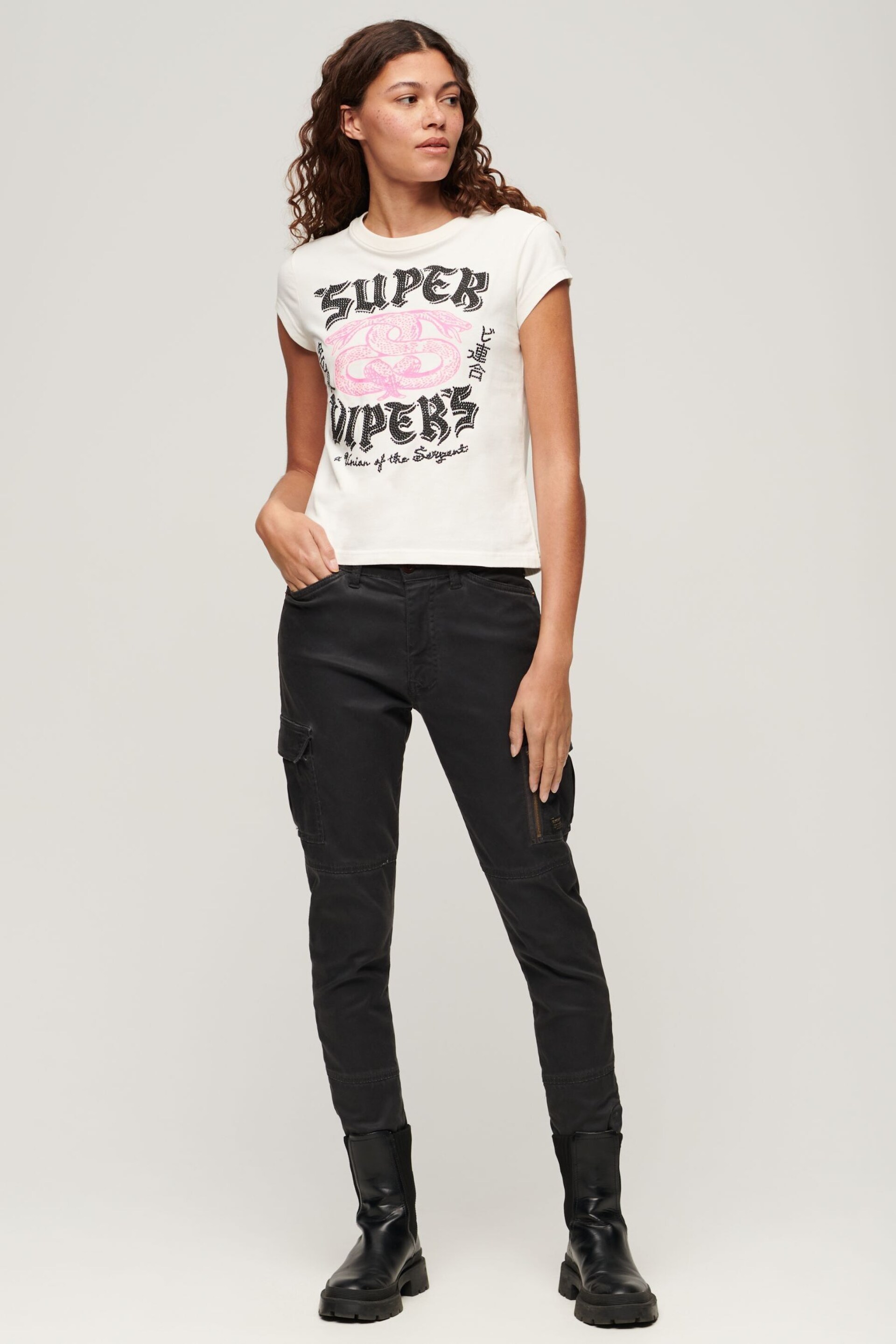 Superdry Cream Embellished Poster Cap Sleeve T-Shirt - Image 2 of 5