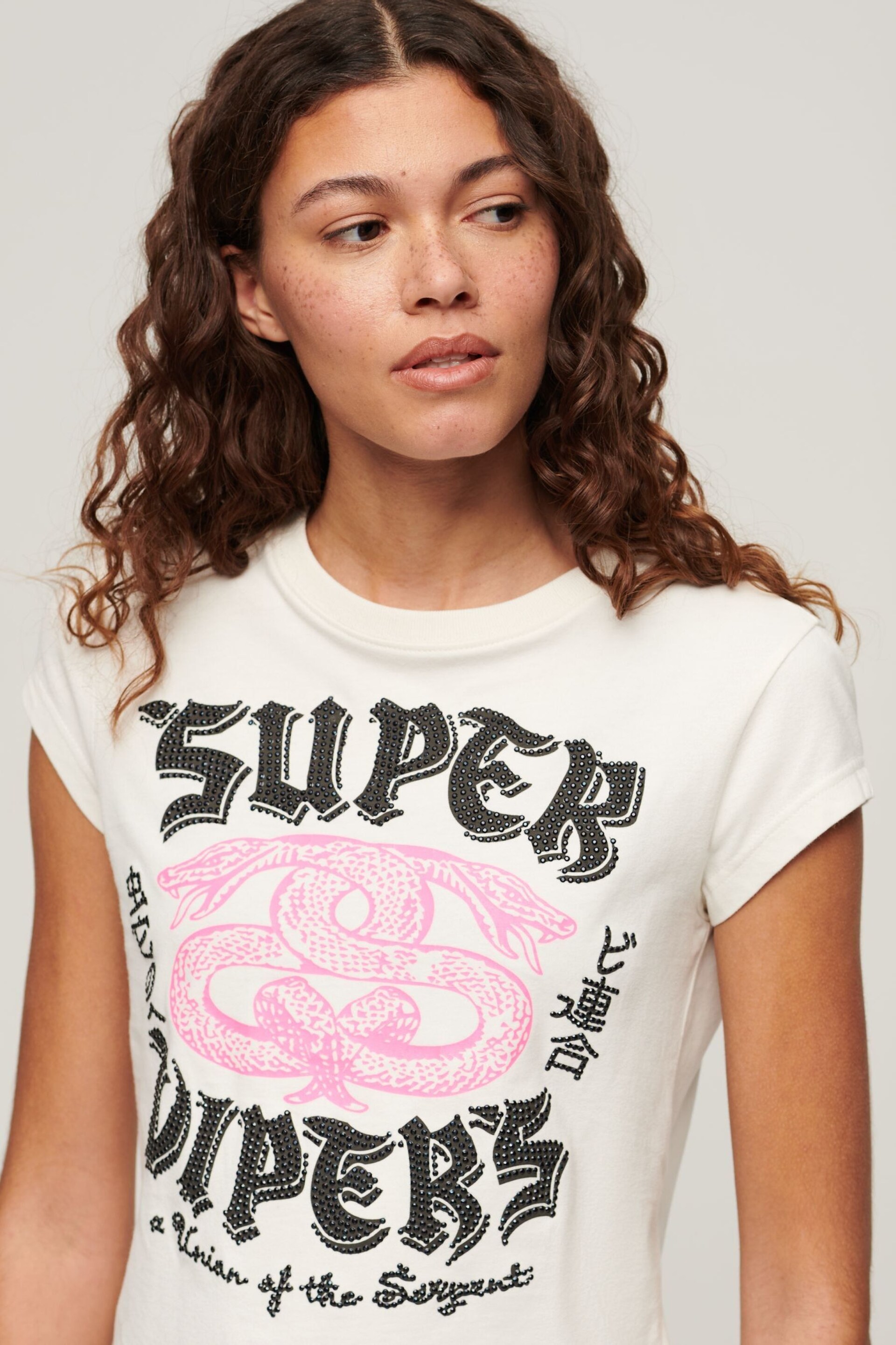 Superdry Cream Embellished Poster Cap Sleeve T-Shirt - Image 3 of 5