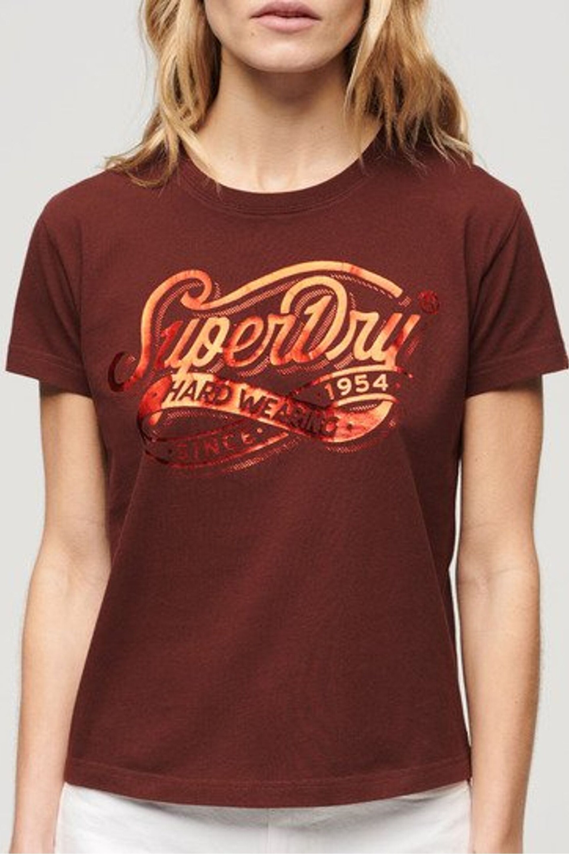 Superdry Brown Foil Workwear Fitted T-Shirt - Image 1 of 5