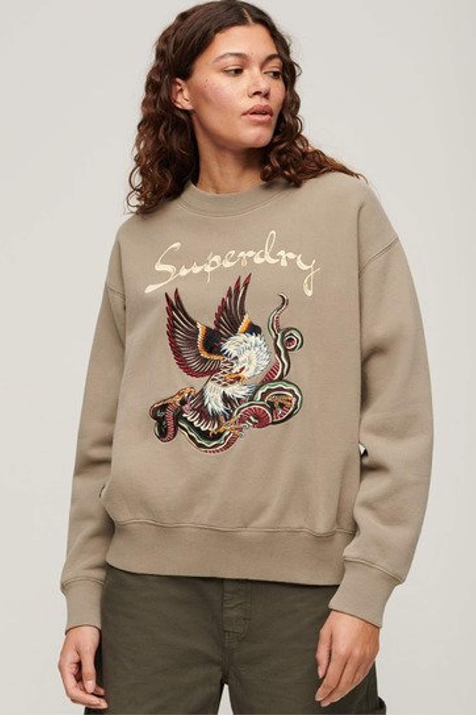 Superdry Grey Suika Embroidered Loose Sweatshirt - Image 1 of 6
