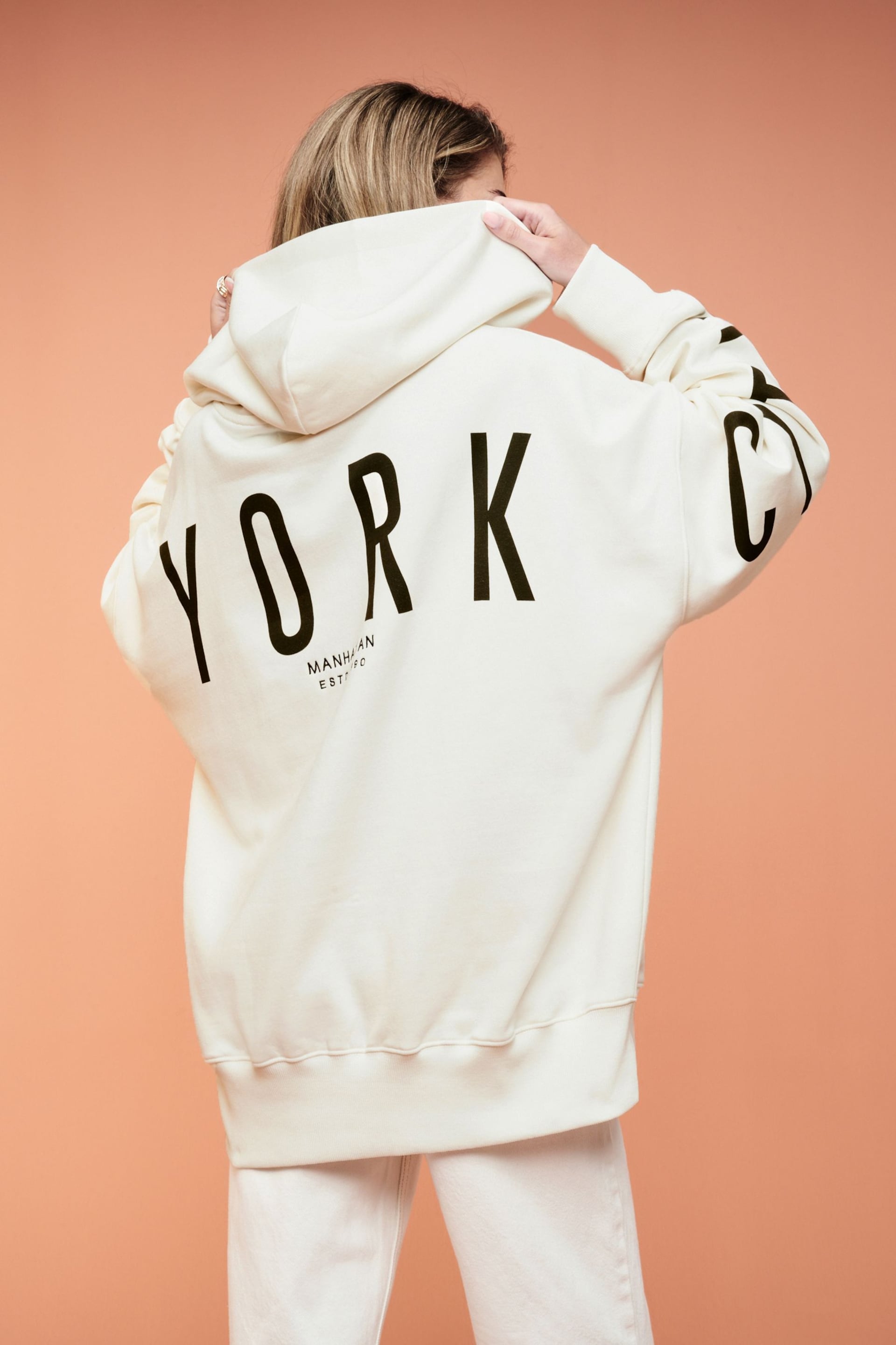 Ecru White Oversized Relaxed Fit Back Graphic Slogan Longline Hoodie - Image 3 of 6