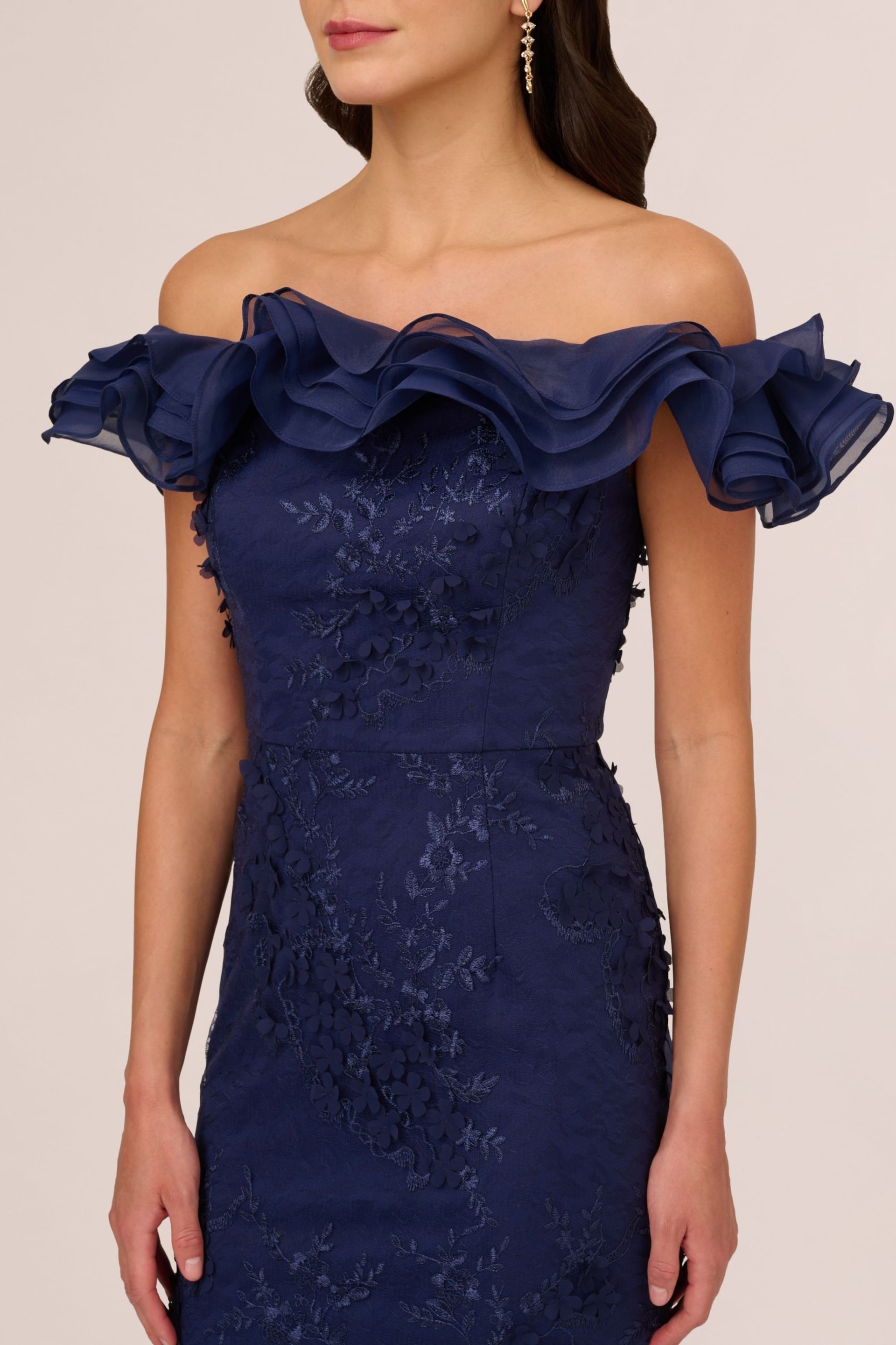 Adrianna Papell Blue Floral Ruffle Gown - Image 4 of 7