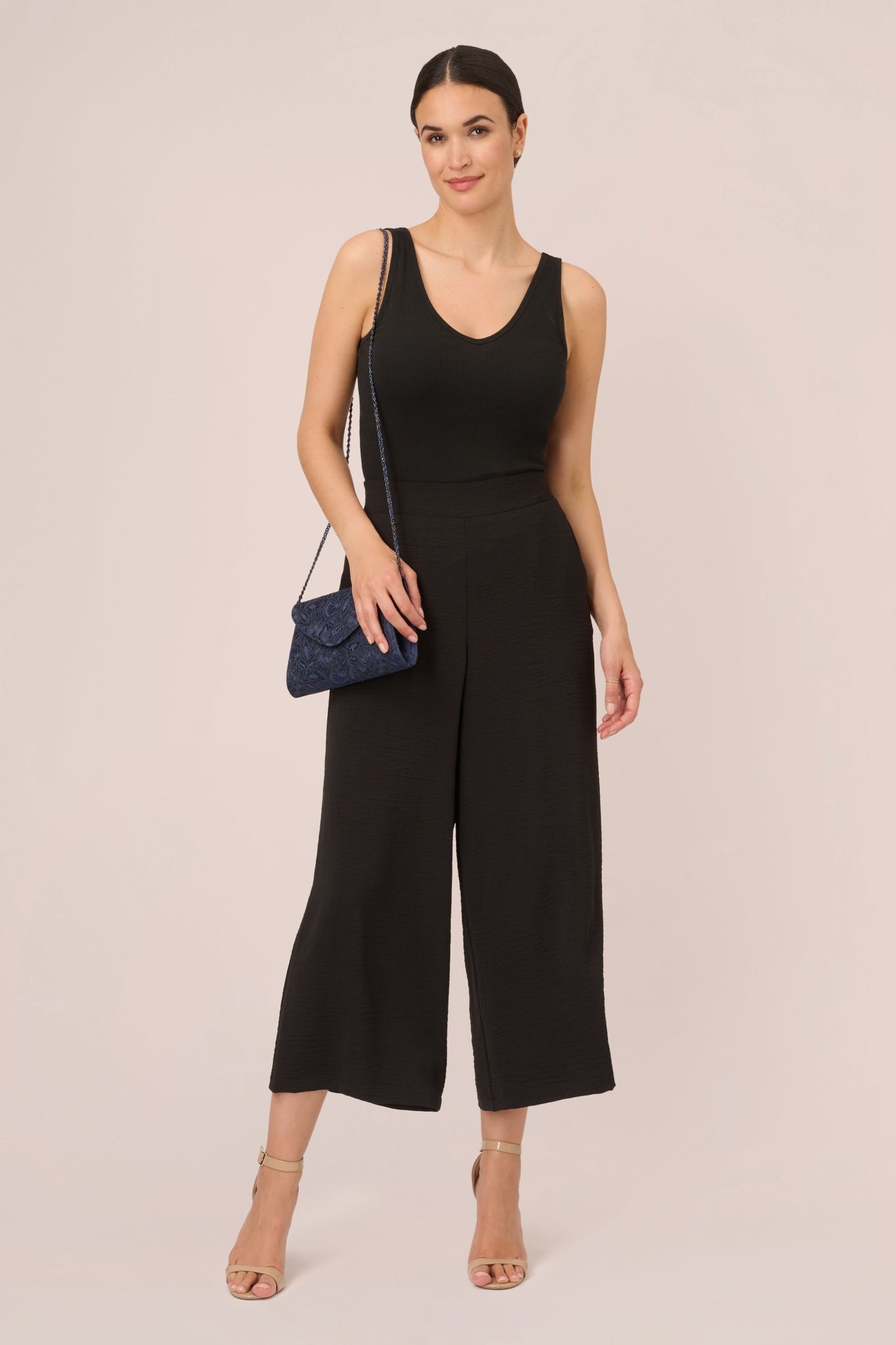 Adrianna Papell Textured Wide Leg Pull On Black Trousers Slit Pockets - Image 3 of 6