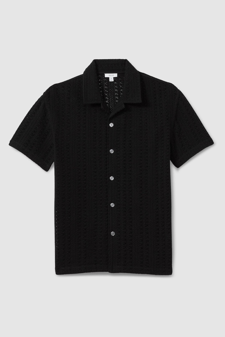 Reiss Black Paradise Cotton Crochet Cuban Collar Shirt - Image 2 of 5