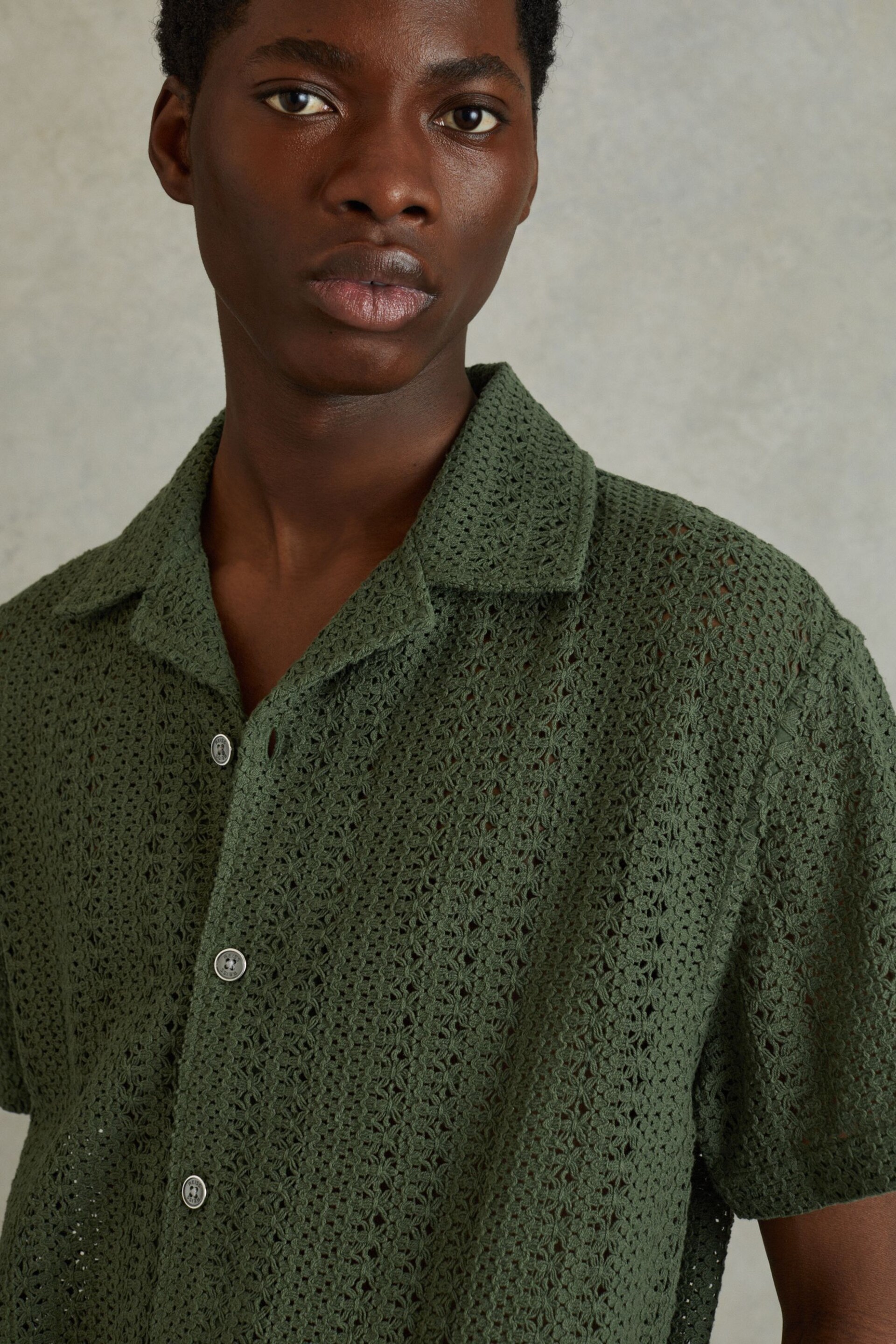 Reiss Olive Green Paradise Cotton Crochet Cuban Collar Shirt - Image 1 of 6
