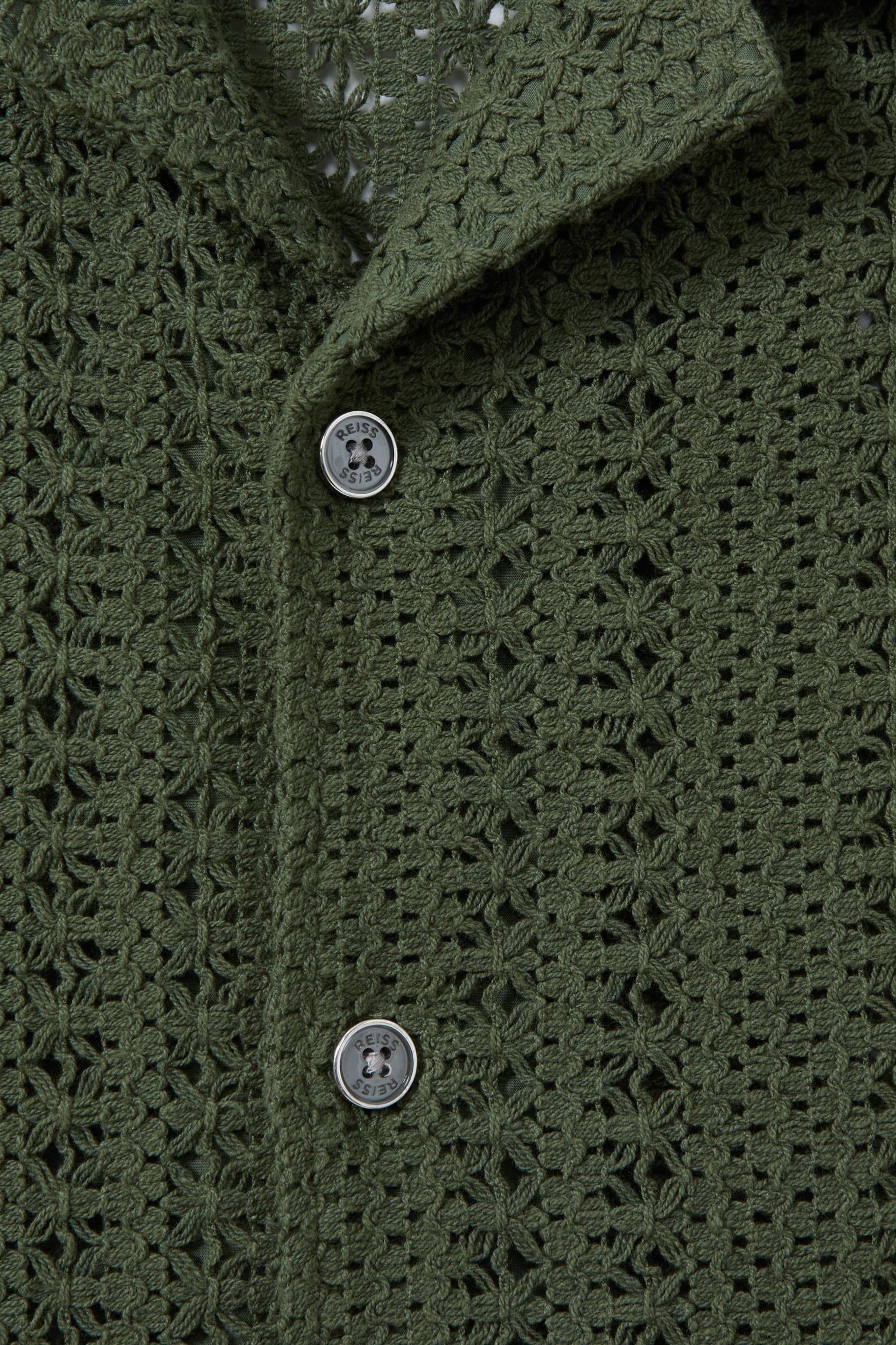 Reiss Olive Green Paradise Cotton Crochet Cuban Collar Shirt - Image 6 of 6