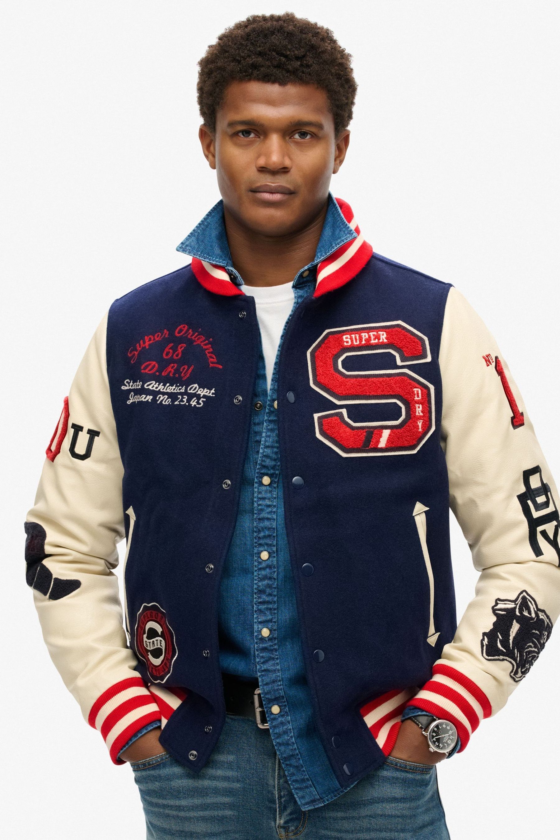 Buy Superdry Blue White College Varsity Patched Bomber Jacket from Next Luxembourg