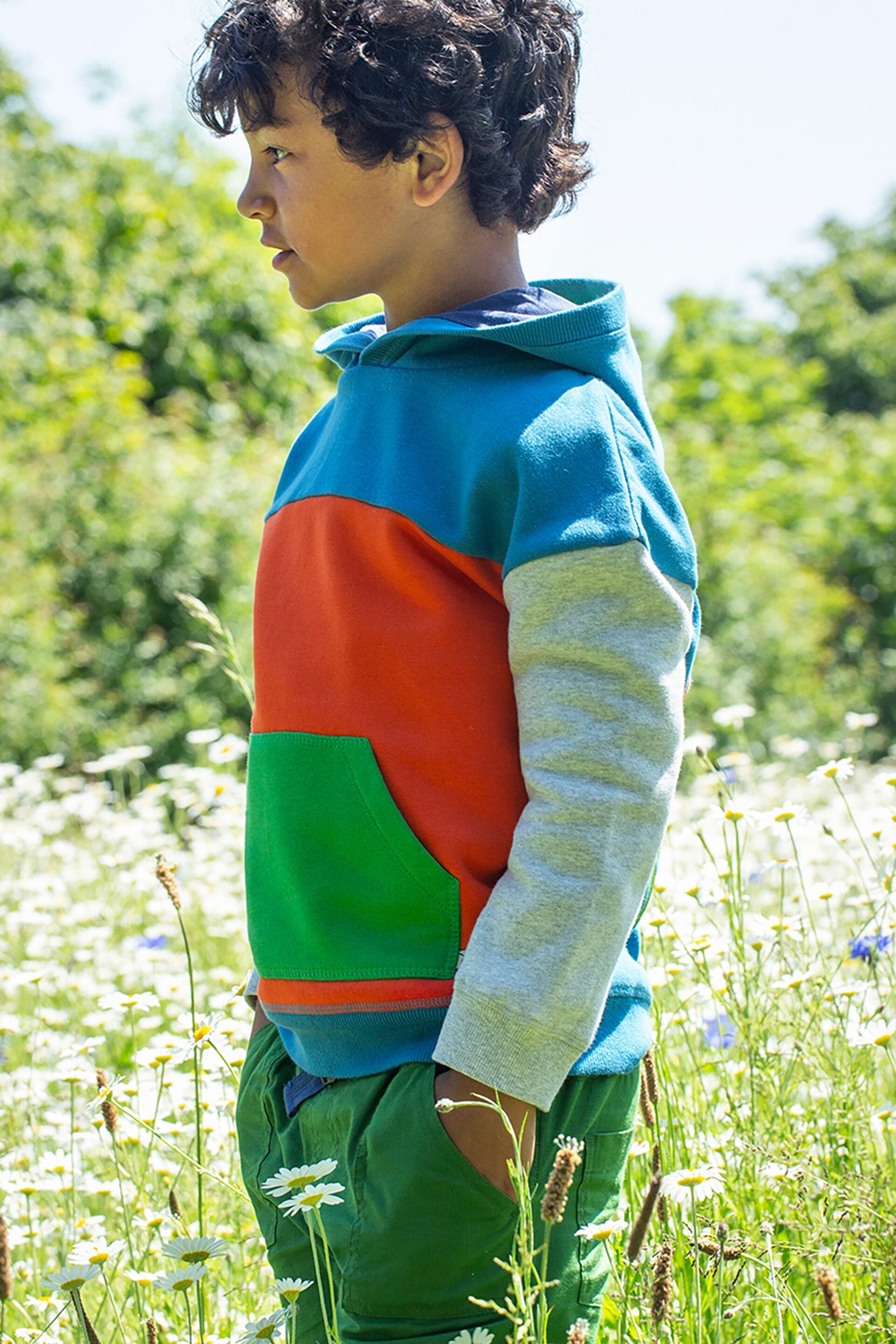 Frugi Blue Organic Cotton Bowen Colour Block Hoodie - Image 1 of 6