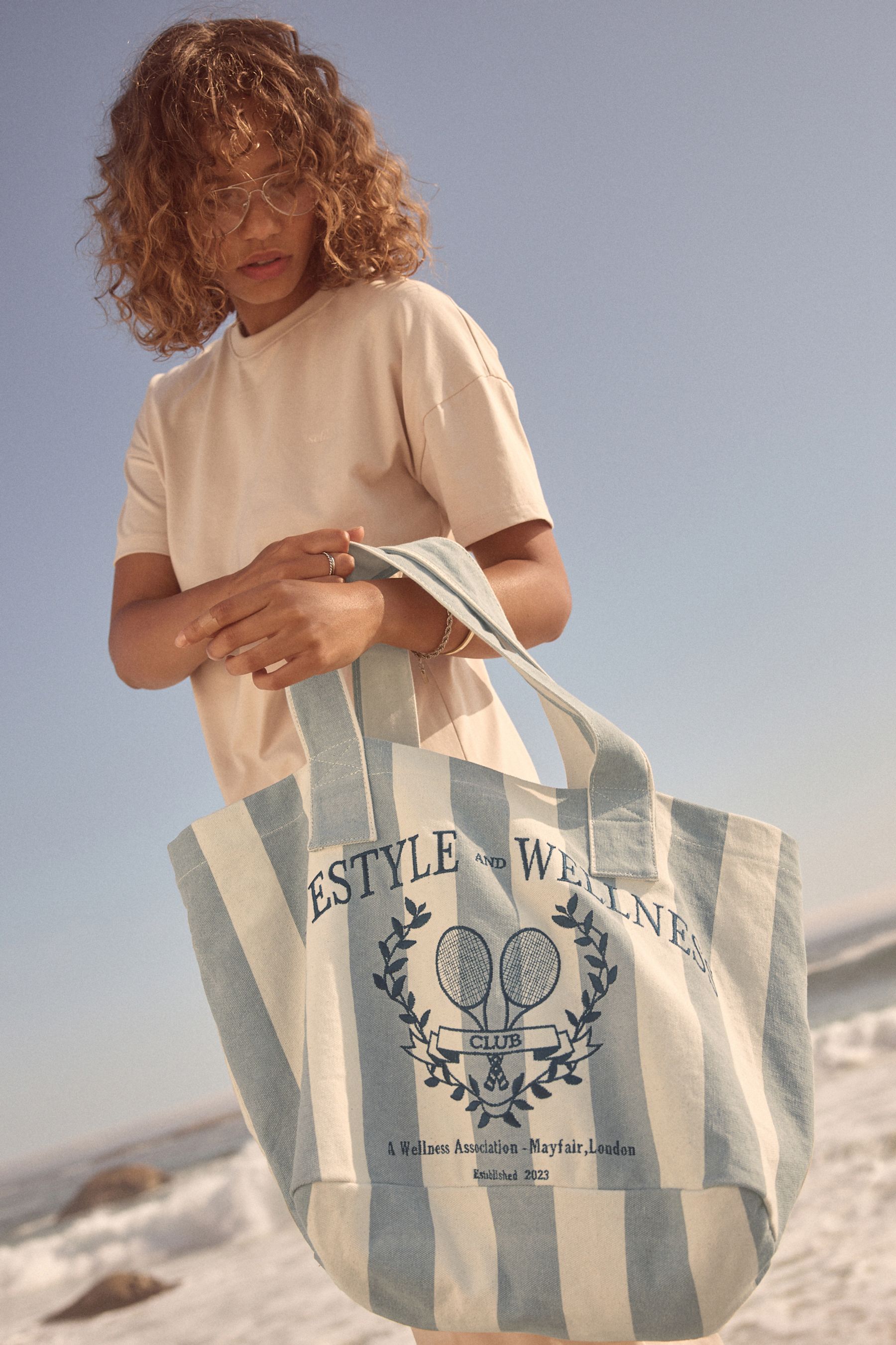Blue and white striped bag next discount