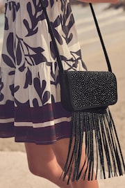 Black Leather Fringe Studded Cross Body Bag - Image 2 of 10