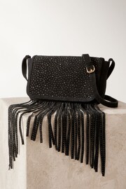 Black Leather Fringe Studded Cross Body Bag - Image 6 of 10