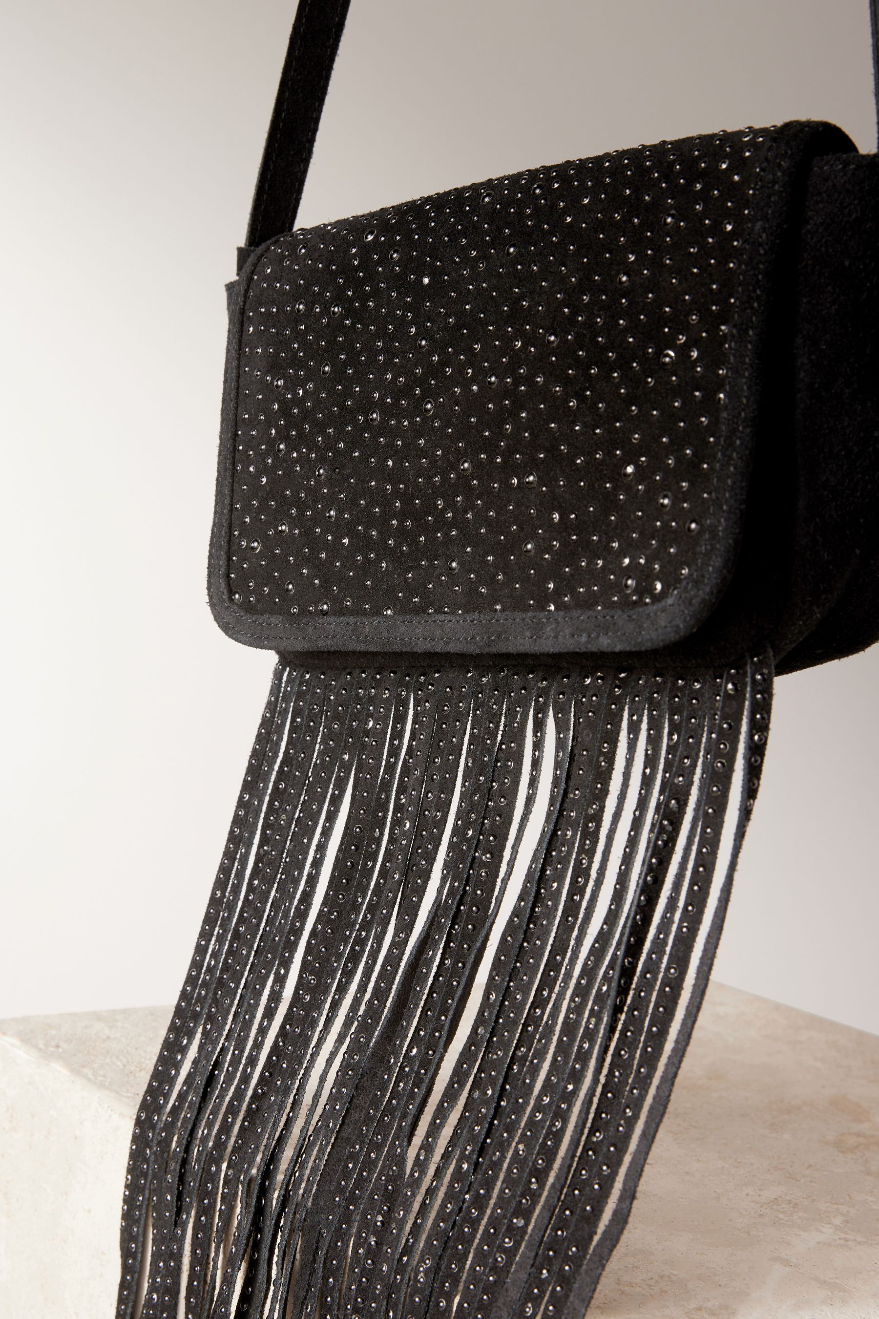 Buy Black Leather Fringe Studded Cross Body Bag from Next Germany