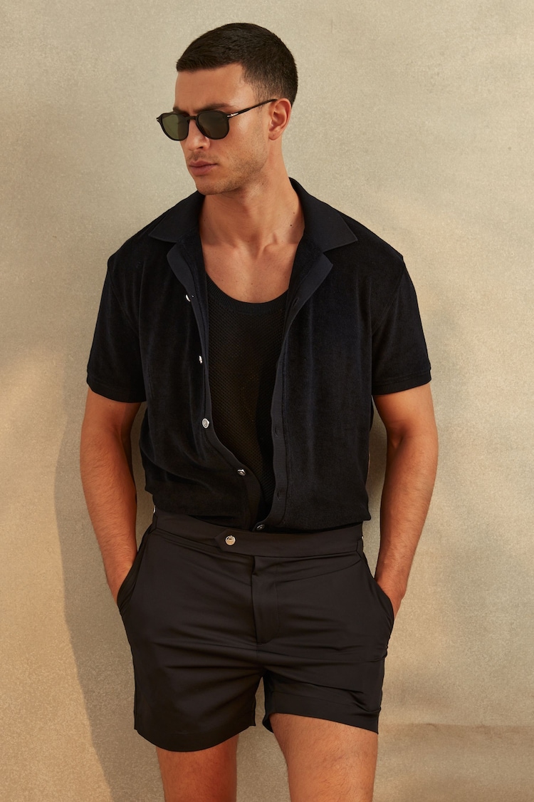 Reiss Navy Eden Towelling Cuban Collar Shirt - Image 1 of 5