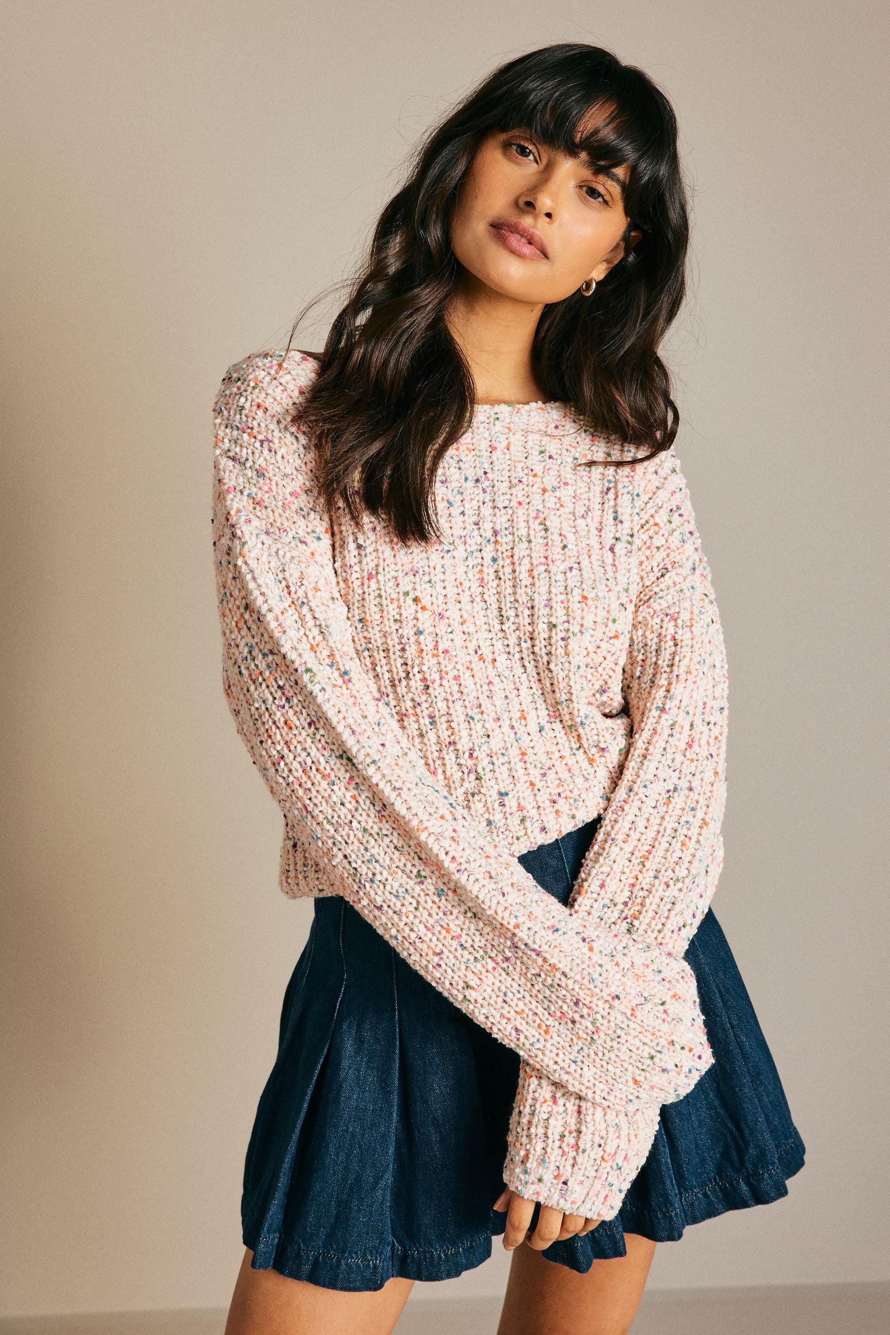 Buy Ecru White Slouch Off Shoulder Neppy Chunky Knitted Jumper from the Next UK online shop