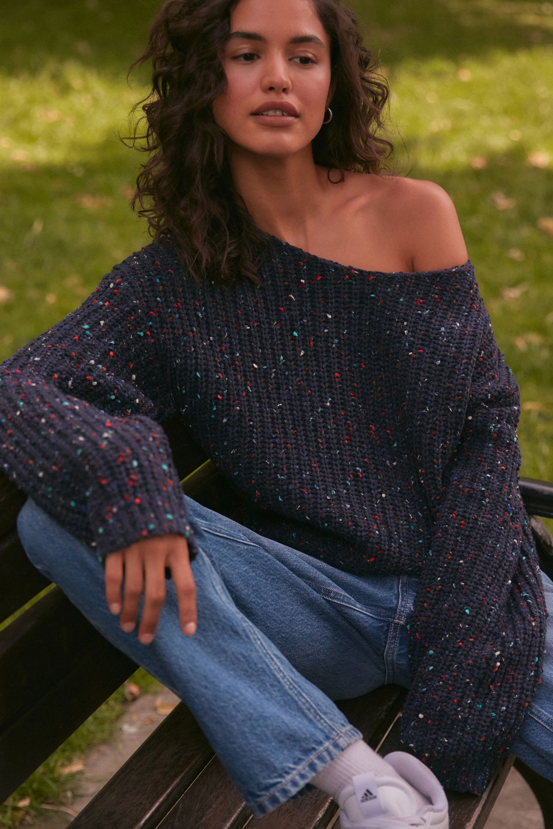 Navy Blue Slouch Off Shoulder Neppy Chunky Knitted Jumper