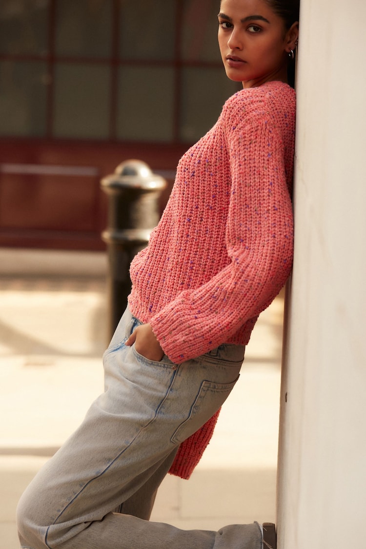 Coral Pink Slouch Off Shoulder Neppy Chunky Knitted Jumper - Image 2 of 7