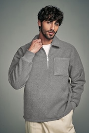 Grey Zip Neck Borg Fleece Sweatshirt - Image 5 of 8