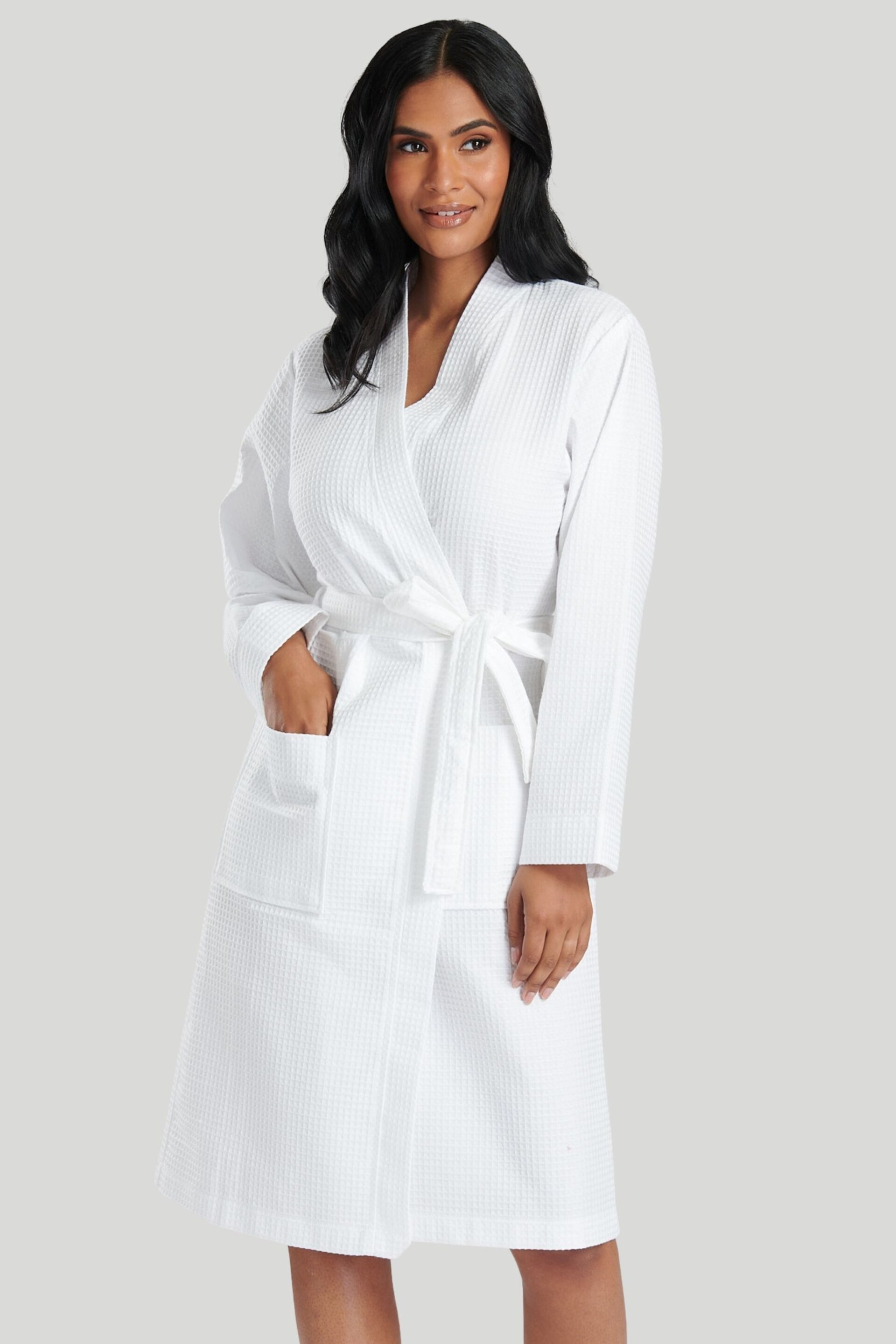 Loungeable White Cotton Waffle Robe - Image 2 of 7