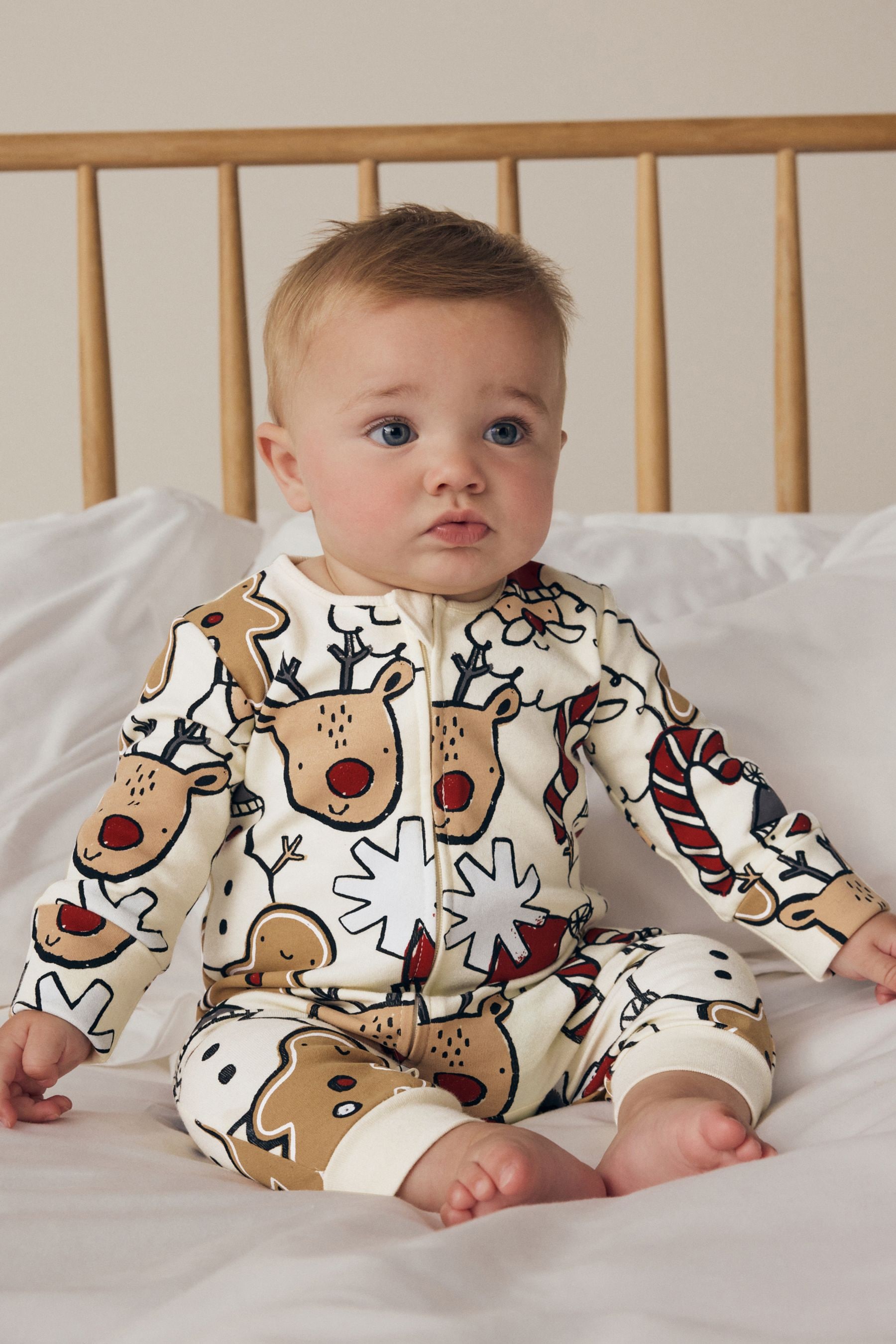 Ecru Christmas Character Baby Sleepsuit 0mths 3yrs