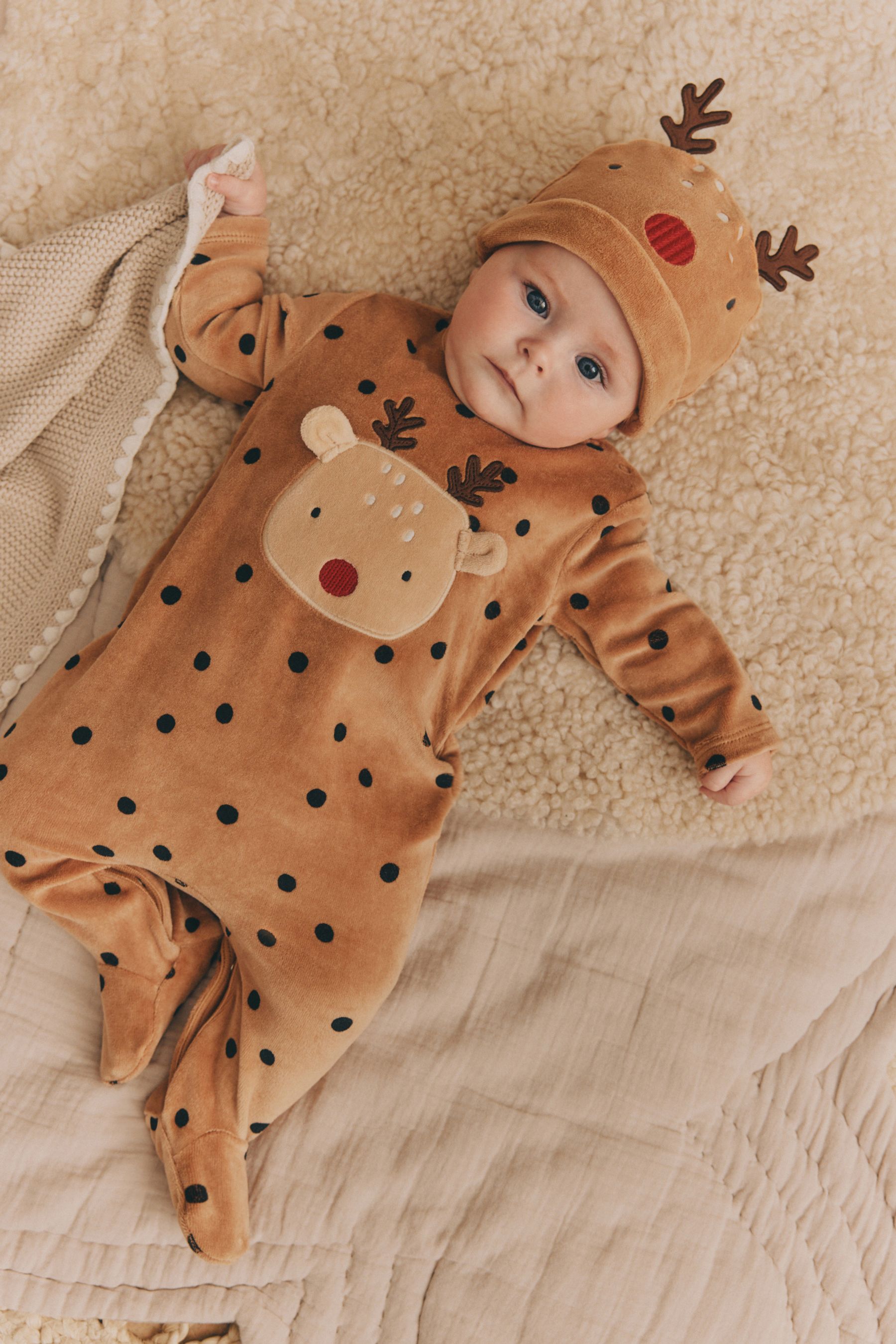 Brown Reindeer Baby Christmas Sleepsuit Hat Set 0mths 2yrs