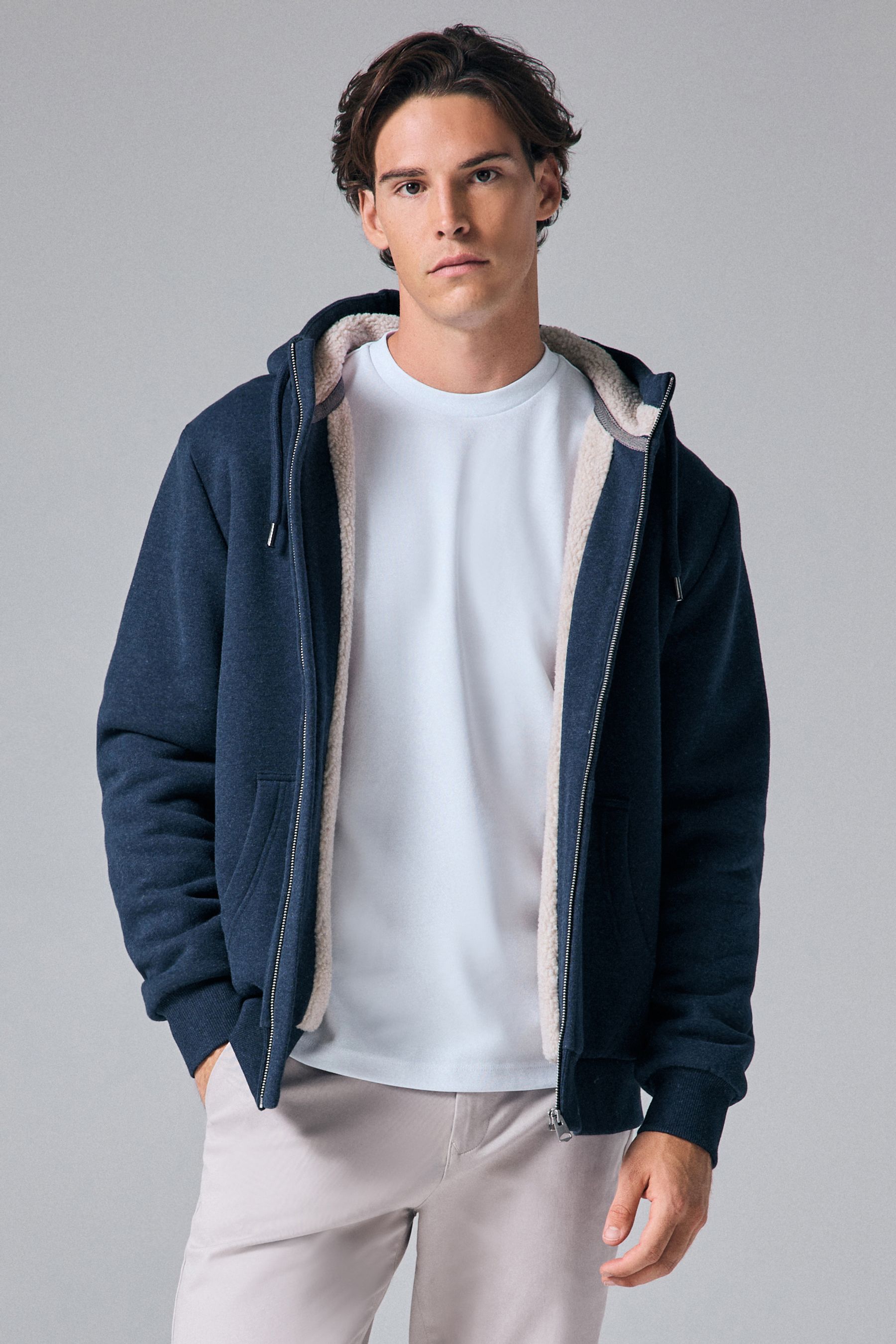 Navy Blue Borg Fleece Lined Zip Through Hoodie