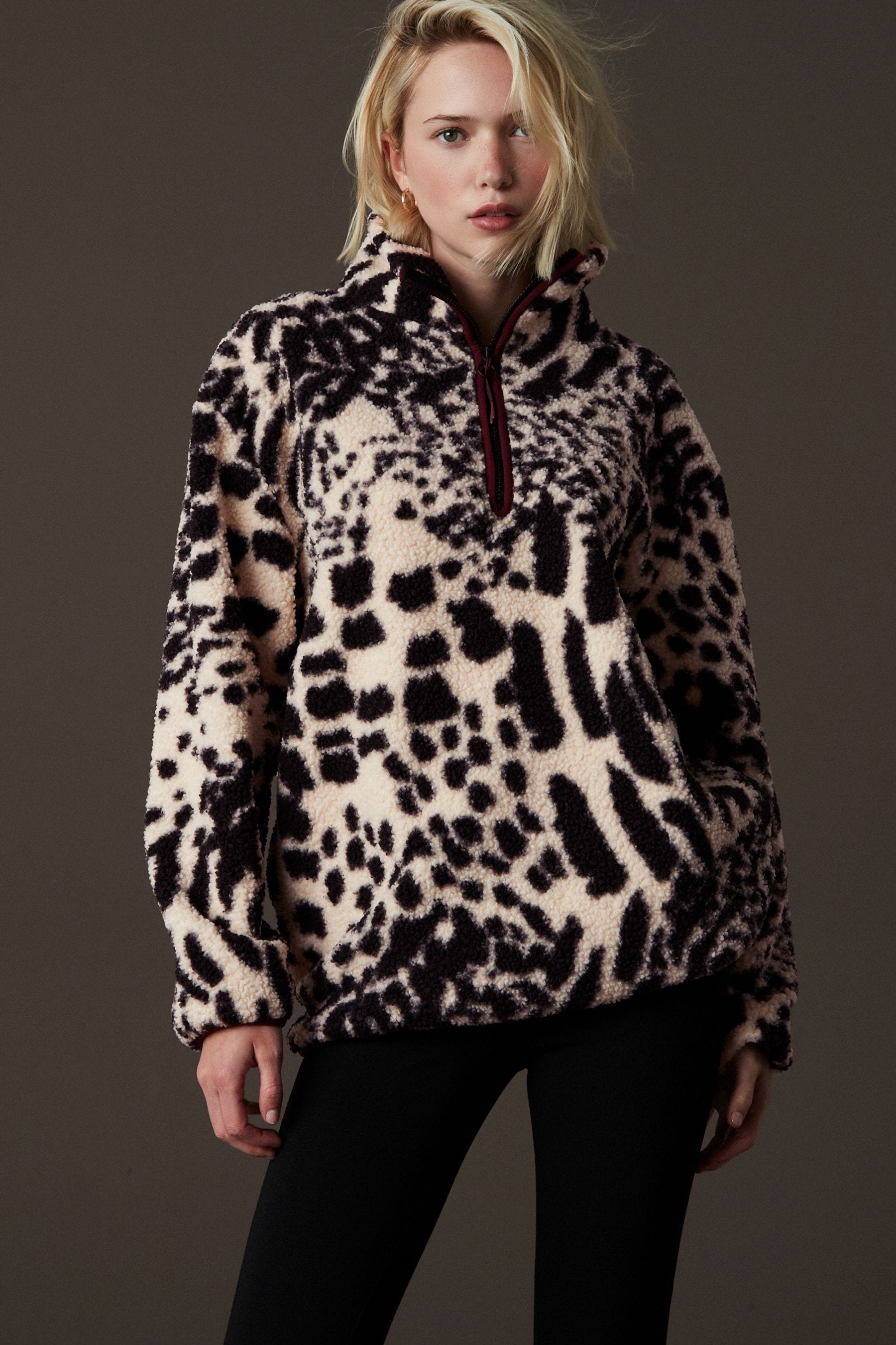Buy Animal Print Leopard Black Teddy Borg Cosy Longline Quarter Zip Fleece from the Next UK online shop