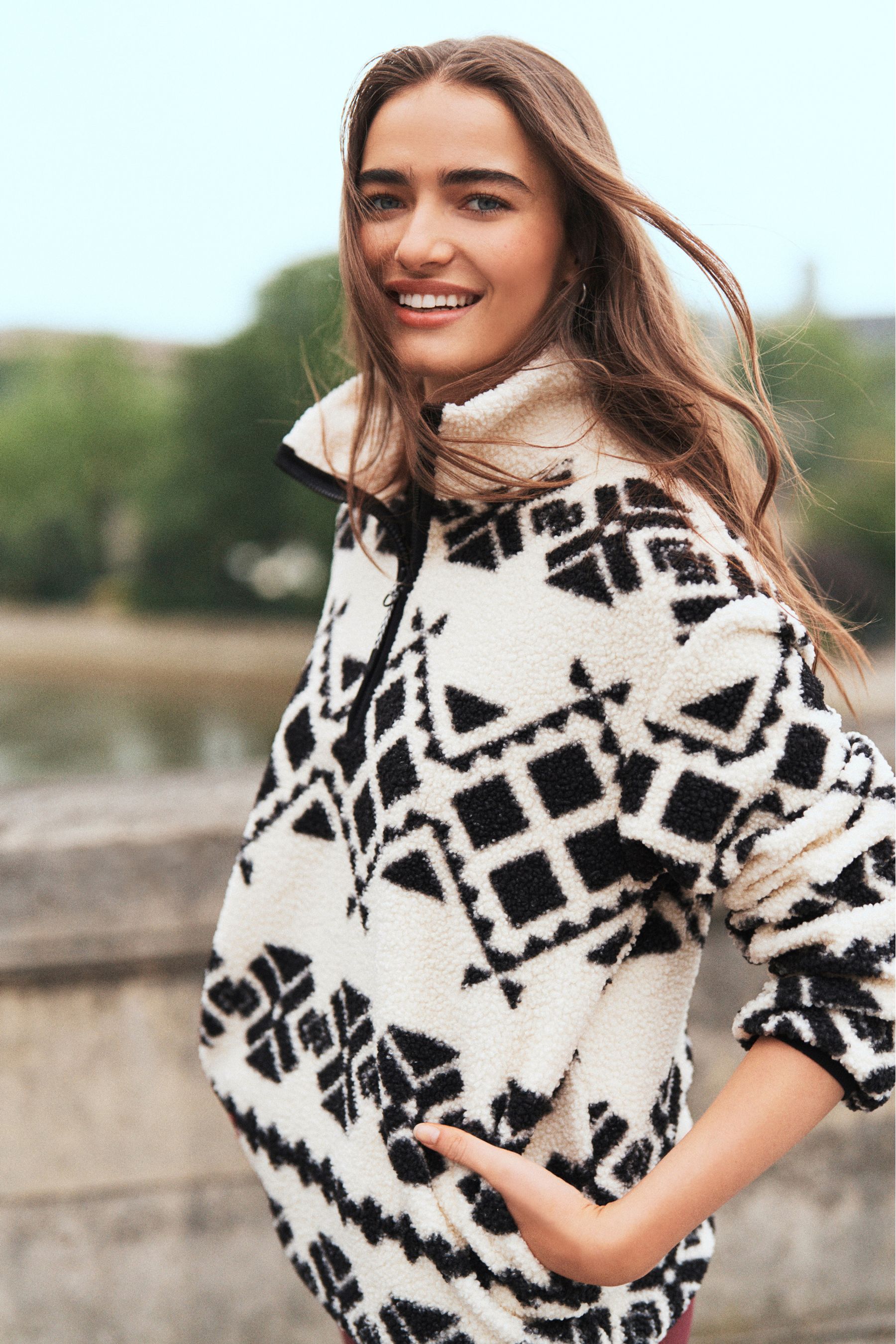 Buy Black White Aztec Print Teddy Borg Cosy Longline Quarter Zip Fleece from the Next UK online shop