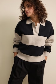 Neutral/Black Stripe Soft Touch Cosy Collared Button Down Polo Sweatshirt - Image 3 of 7