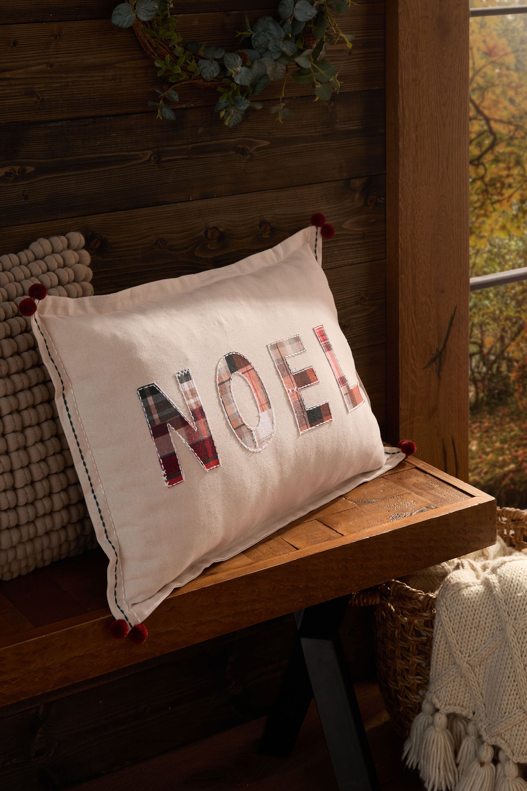 Buy Cream 100 Cotton Noel Check Rectangular Christmas Cushion from Next Luxembourg
