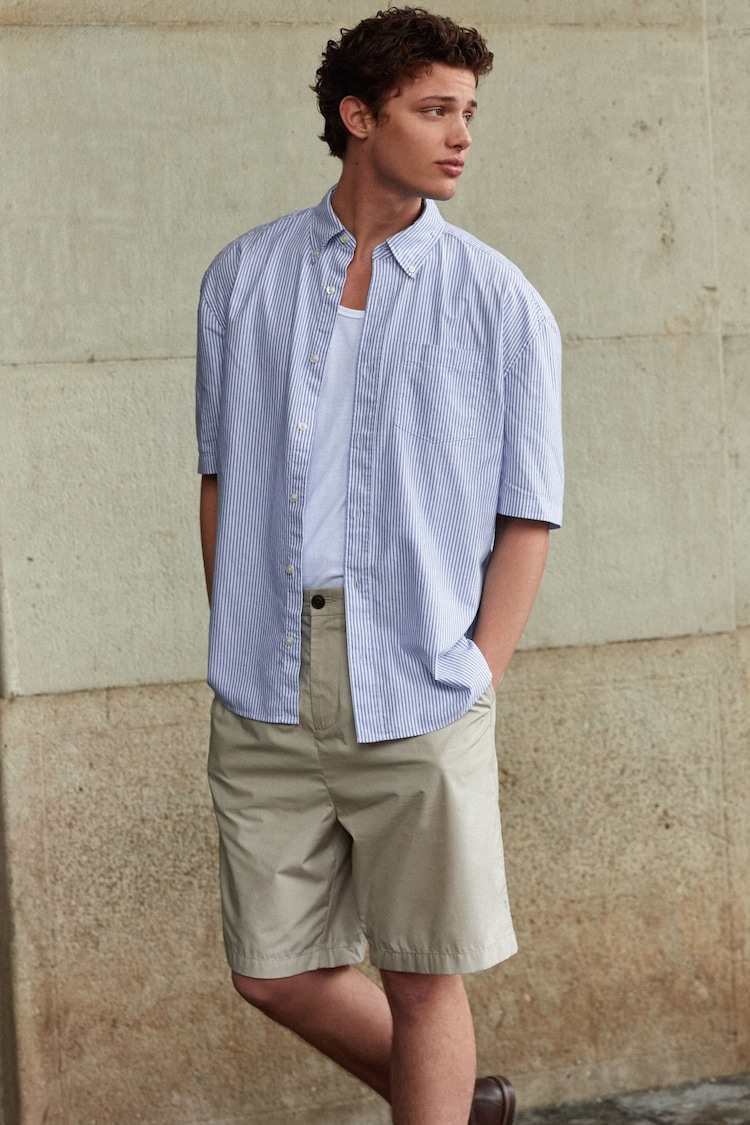 Blue 100% Cotton Stripe Short Sleeve Oxford Shirt - Image 2 of 7