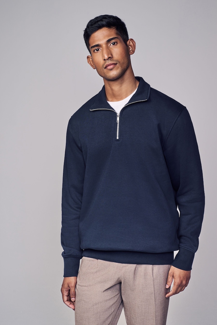 Navy Zip Neck Jersey Cotton Rich Zip Neck Sweatshirt - Image 1 of 7