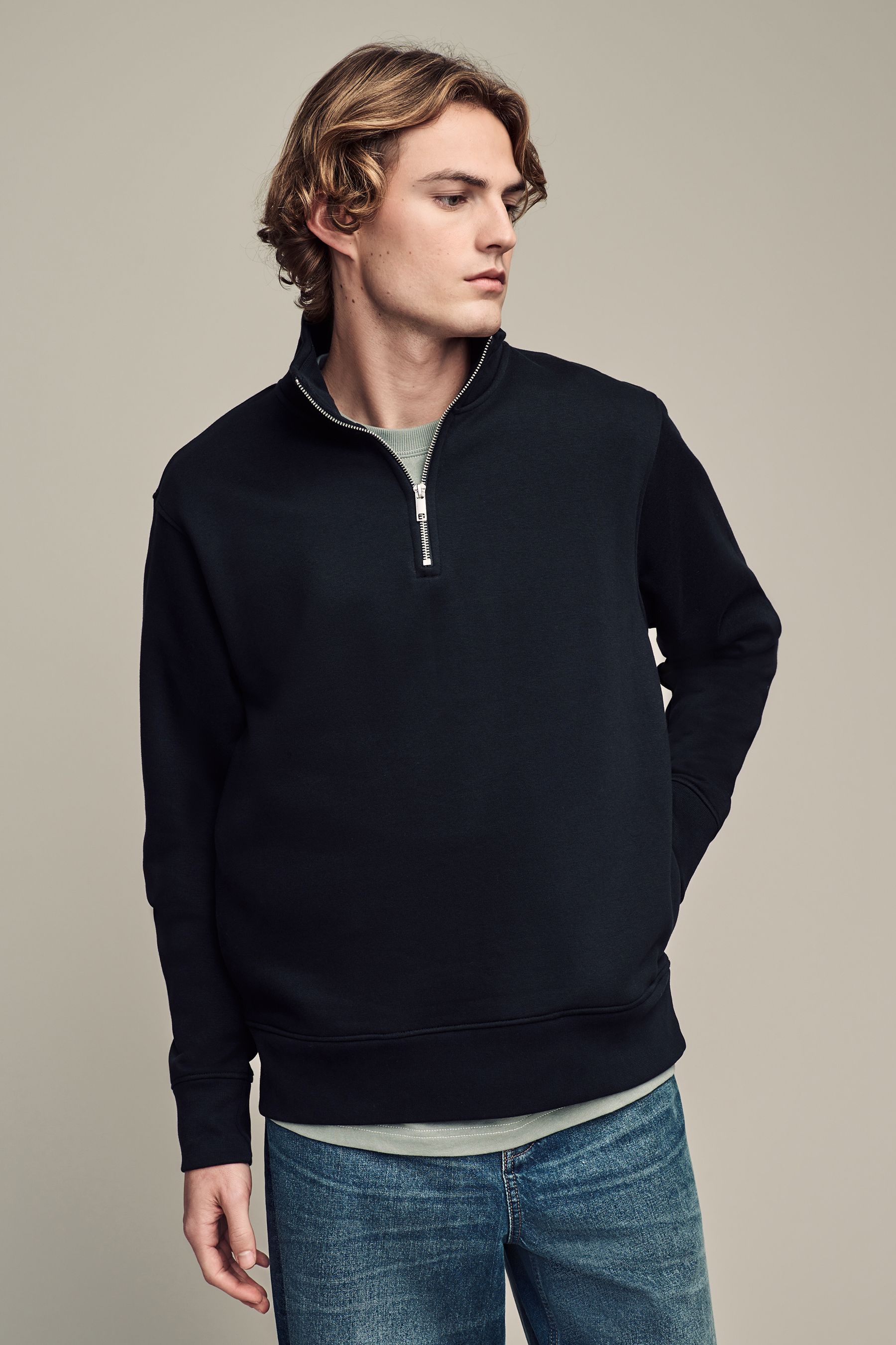 Buy Black Zip Neck Jersey Cotton Rich Zip Neck Sweatshirt from Next Luxembourg
