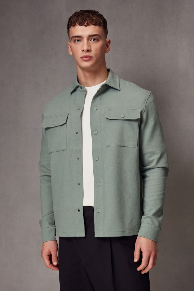 Dark Sage Green Regular Fit Popper Shacket - Image 1 of 10