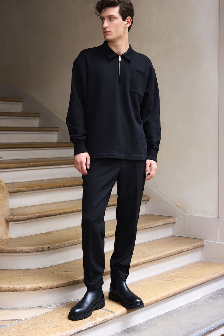 Black Polo Neck Jersey Cotton Rich Zip Neck Sweatshirt - Image 2 of 8