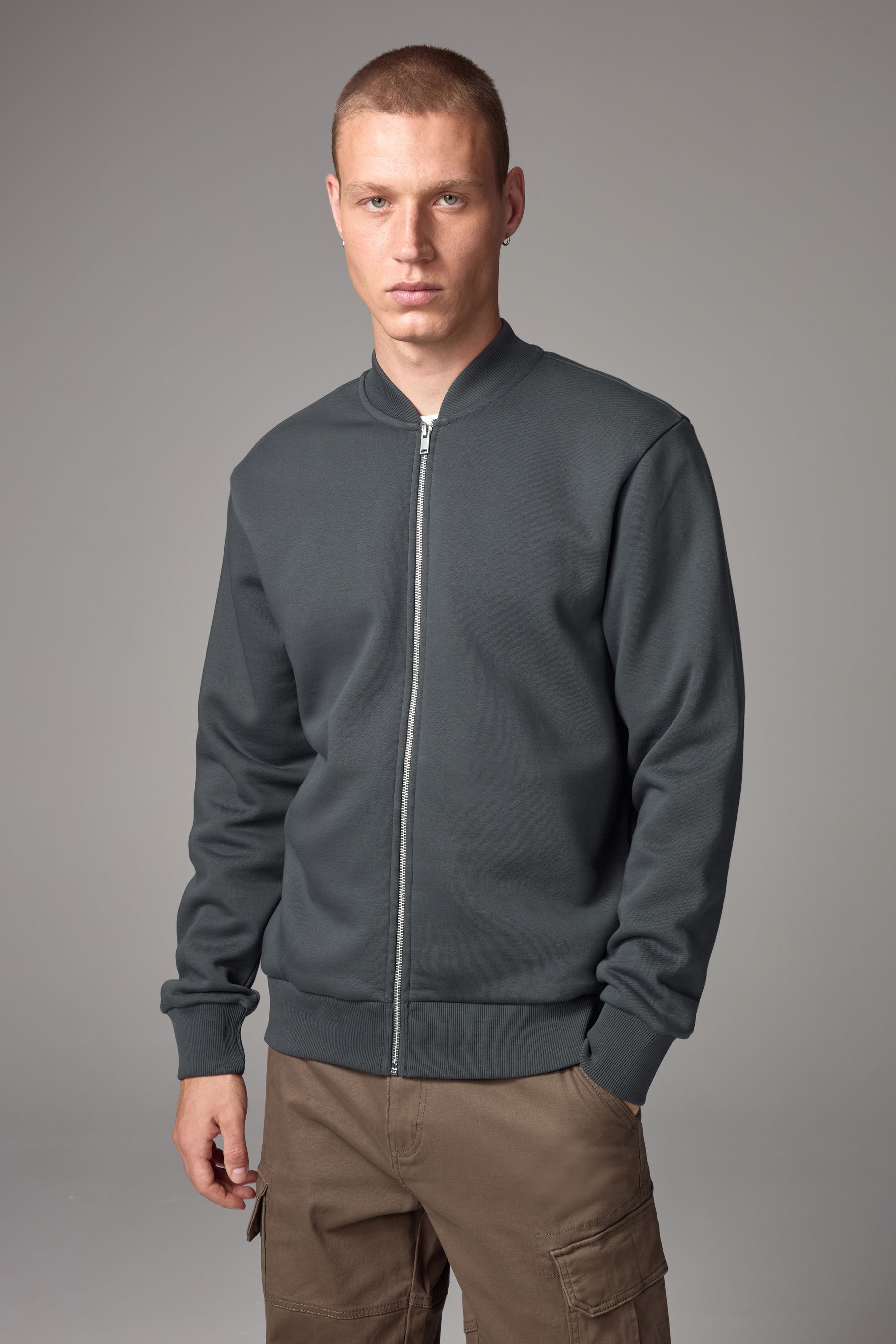 Buy Slate Grey Zip Through Cotton Rich Jersey Bomber Jacket from the Next UK online shop