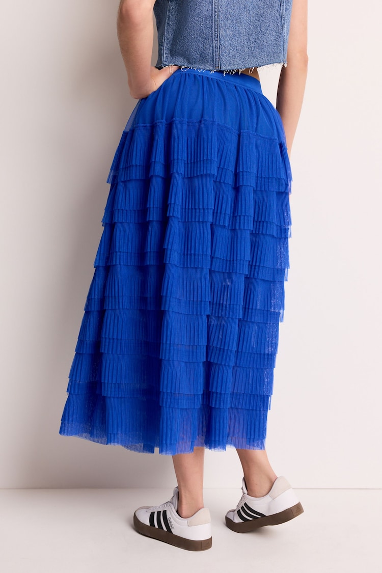 Cobalt Blue Mesh Tulle Midi Skirt - Image 3 of 6