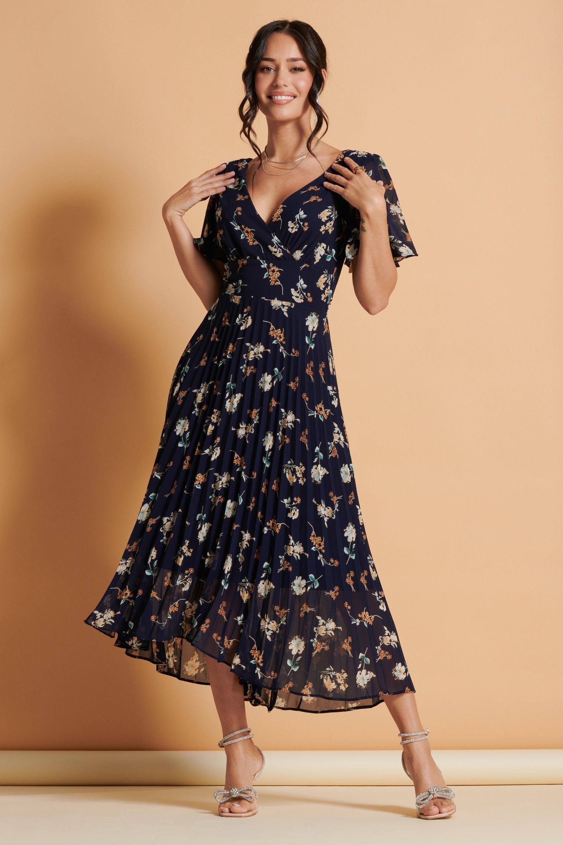 Buy Jolie Moi Black Multi Floral Pleated Dip Hem Chiffon Maxi Dress from the Next UK online shop