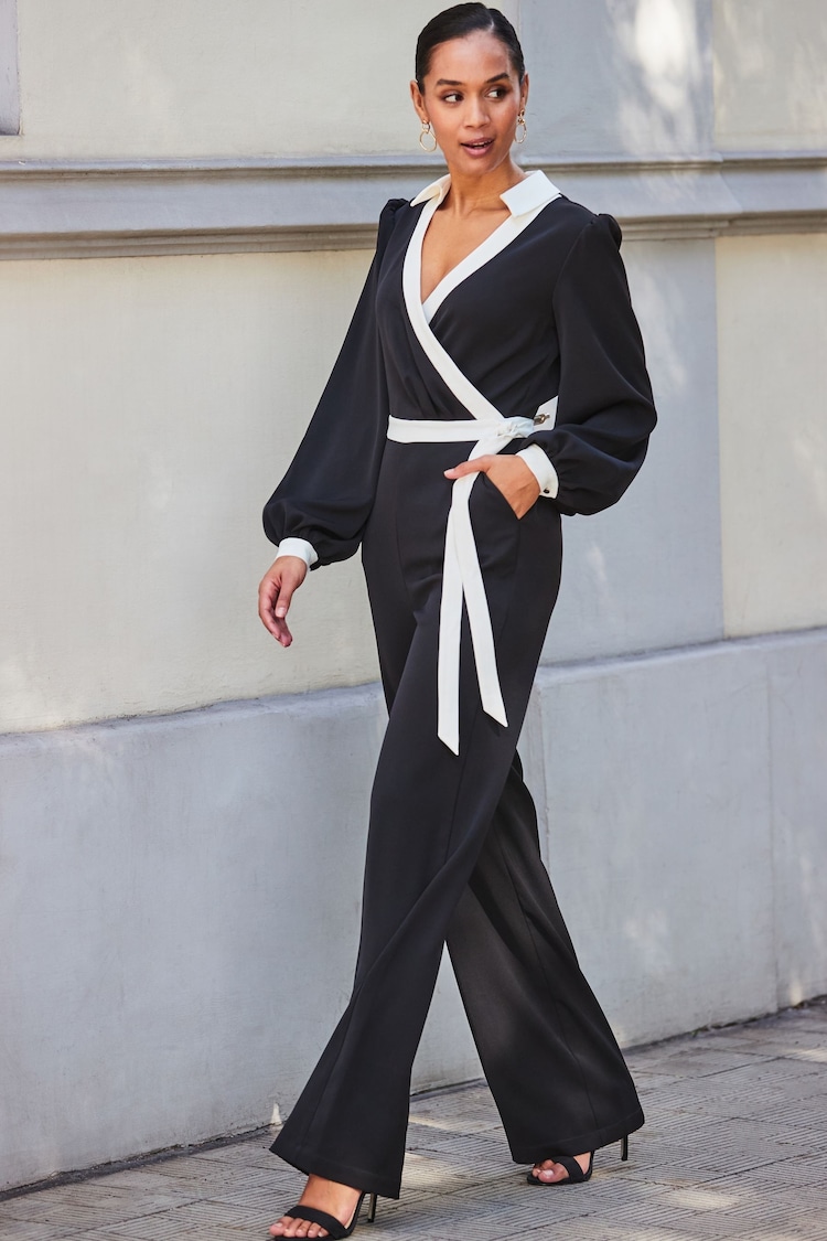 Sosandar Black Contrast Tie Waist Jumpsuit - Image 1 of 5