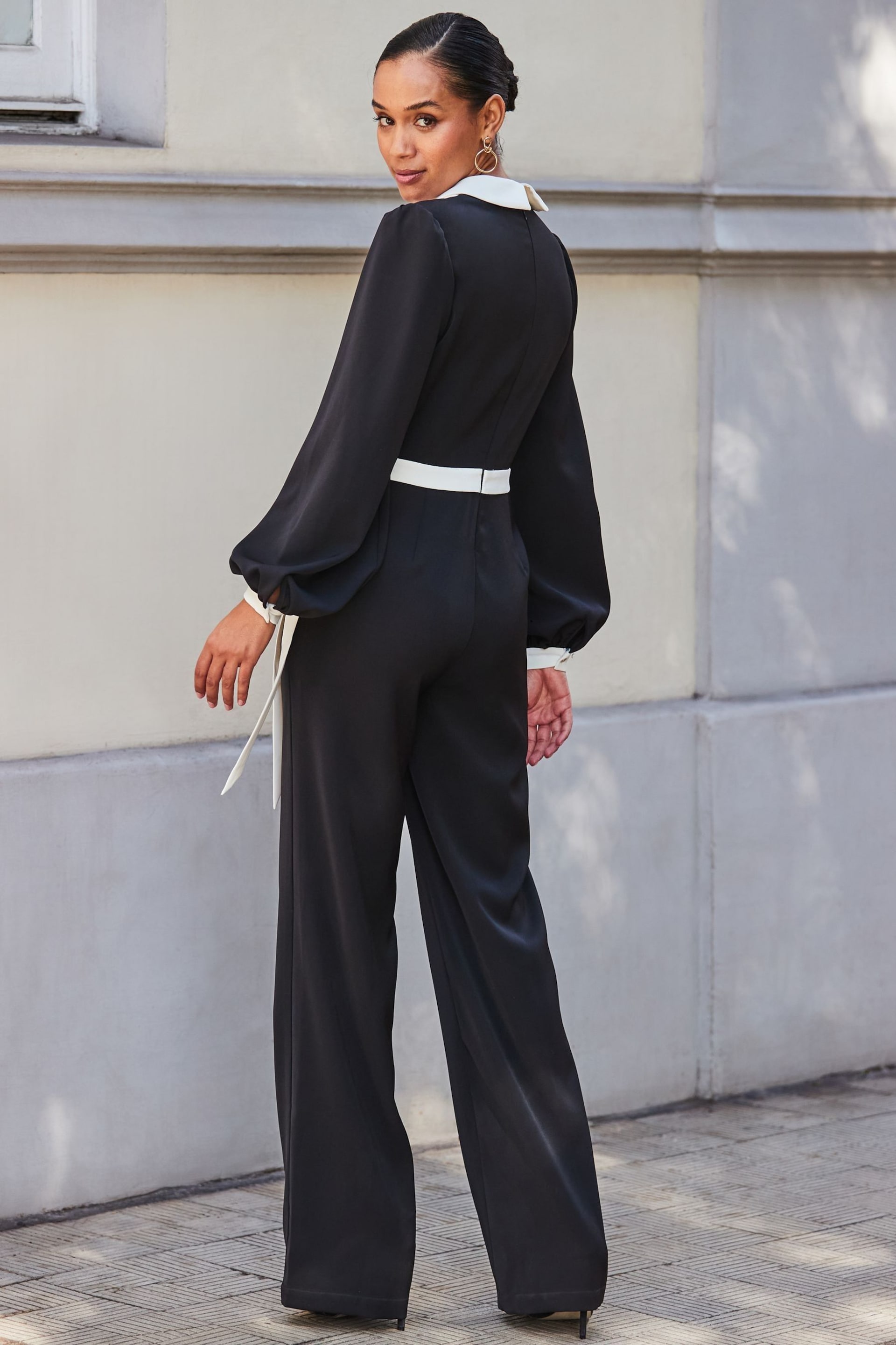 Sosandar Black Contrast Tie Waist Jumpsuit - Image 2 of 5
