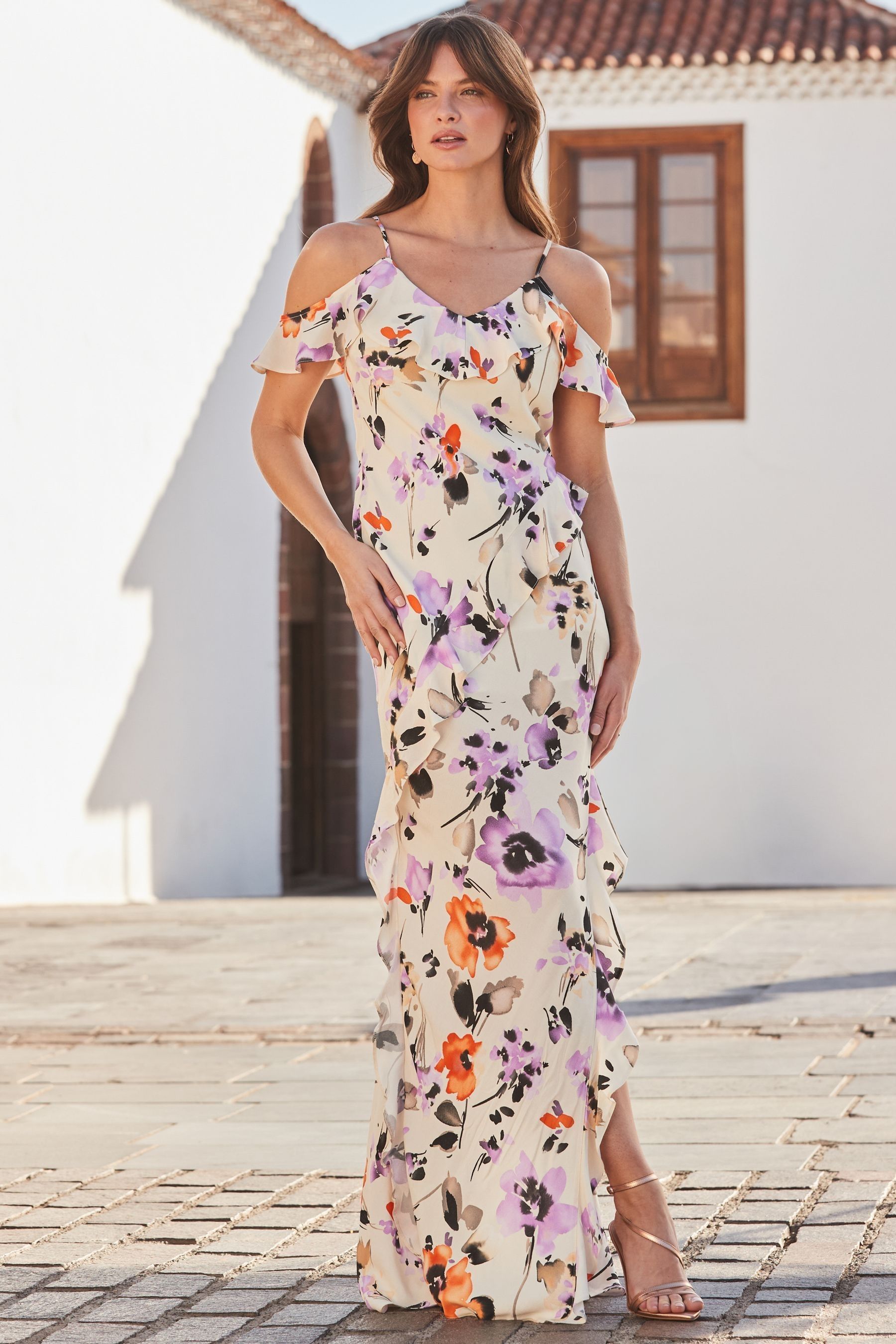 Buy Sosandar Cream Cold Shoulder Ruffle Maxi Dress from Next Luxembourg
