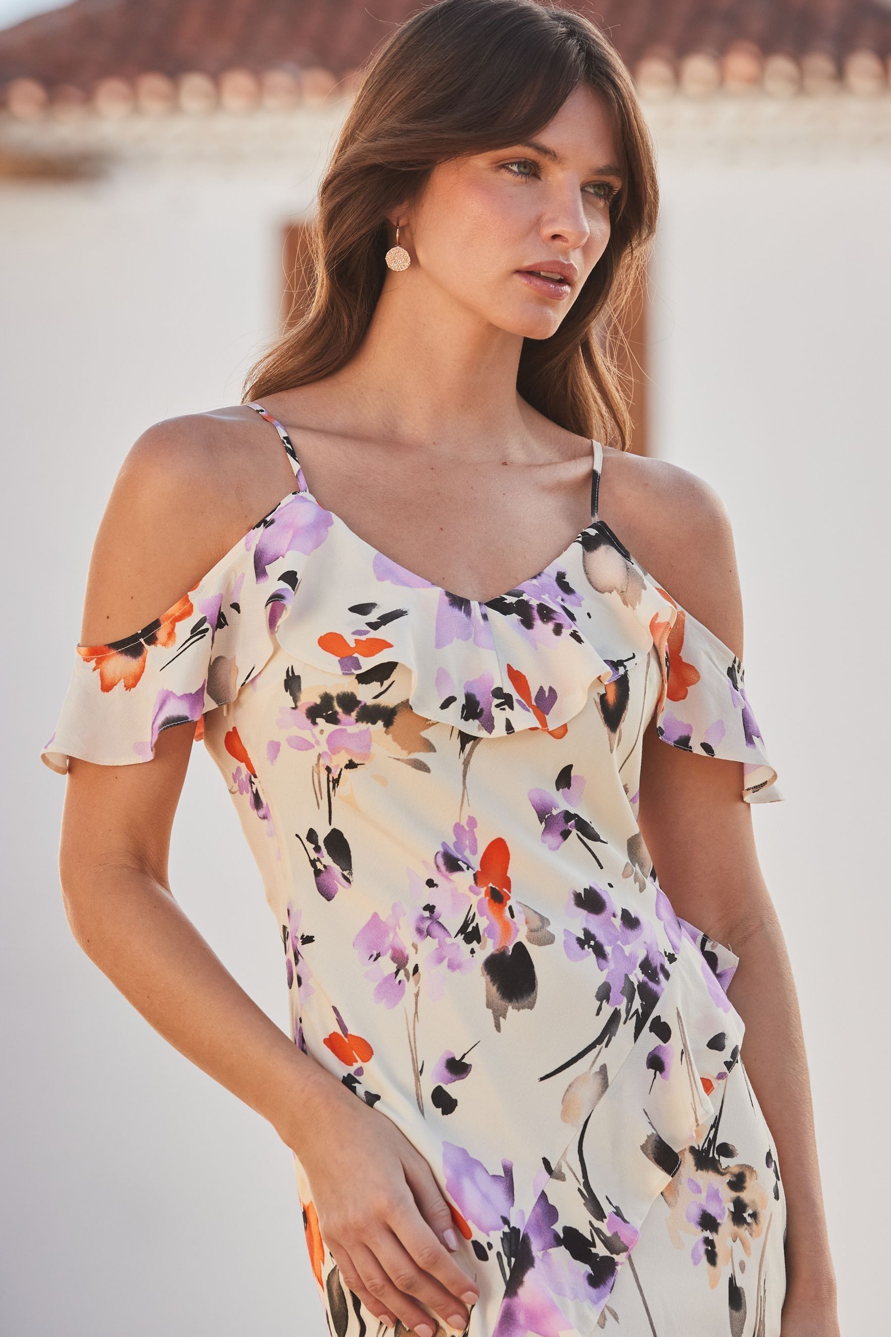 Cold shoulder ruffle maxi dress store