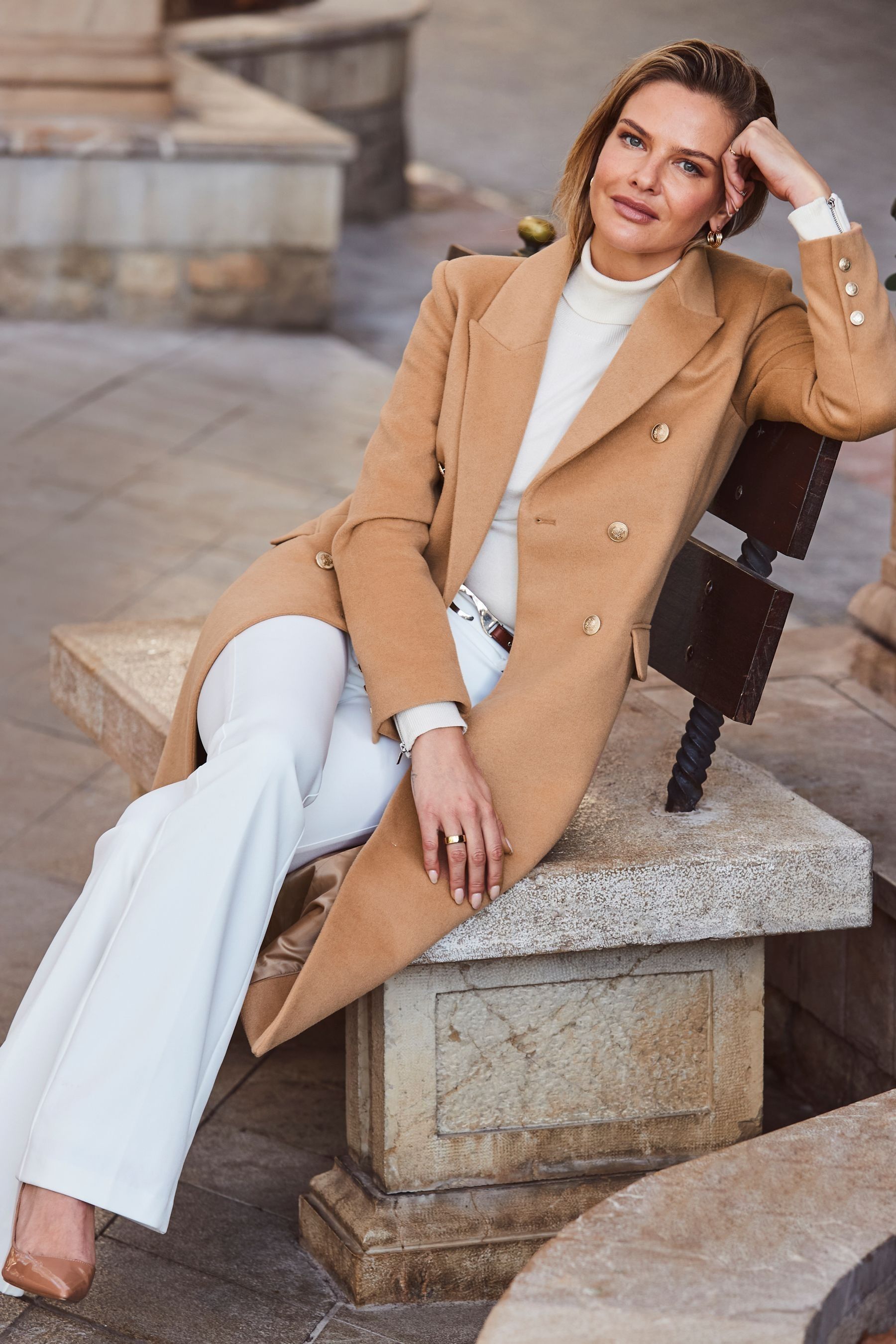 Sosandar Natural Double Breasted Longline Formal Coat